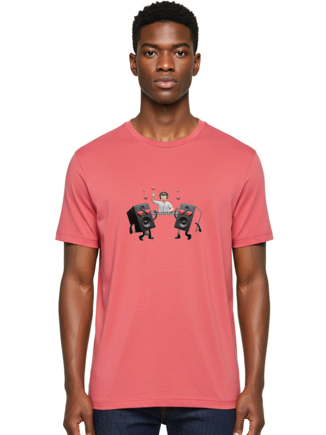 Dj-With-Heart-Speakers Men'S Graphic Tee, 100% Cotton, Comfortable Casual Summer Wear, Machine Washable, Dj Spinning Tracks, Speakers With Hearts, Love For Music, Electronic Dance Music, Party Atmosphere, Vibrant Setting, Bad049 28