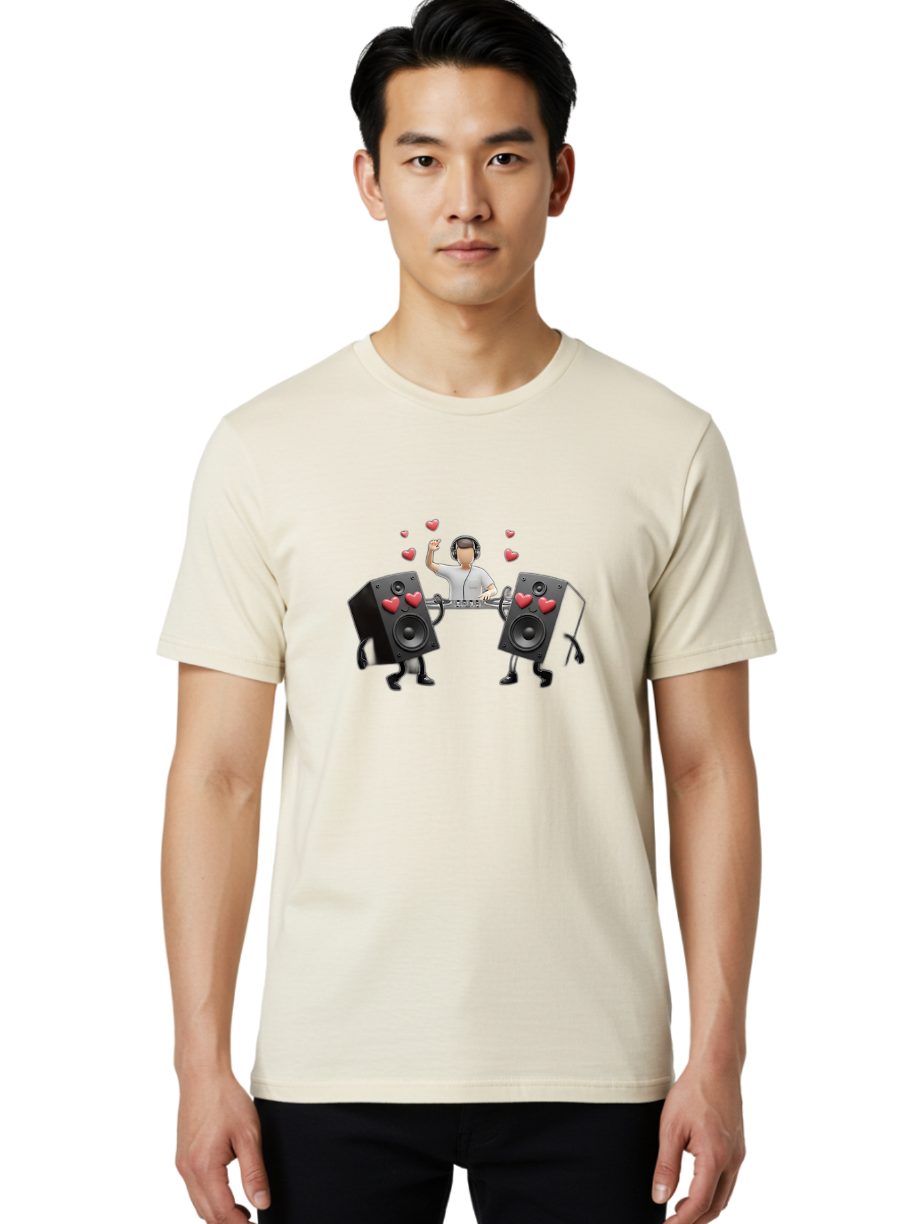Dj-With-Heart-Speakers Men'S Graphic Tee, 100% Cotton, Comfortable Casual Summer Wear, Machine Washable, Dj Spinning Tracks, Speakers With Hearts, Love For Music, Electronic Dance Music, Party Atmosphere, Vibrant Setting, Bad049 26