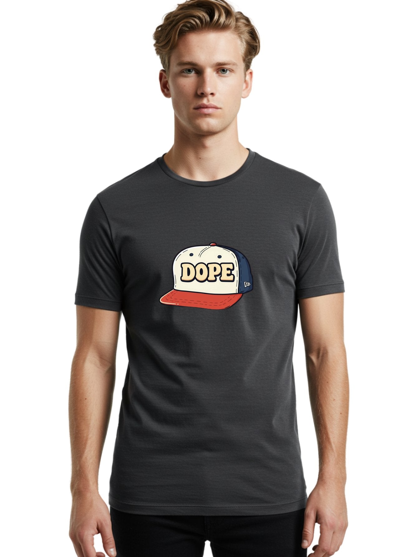 Dope-Baseball-Cap Men'S Graphic Tee, 100% Cotton, Comfortable Casual Summer Wear, Machine Washable, Baseball Cap, Red And Blue Cap, Dope Hat, Streetwear Fashion, New Era Logo, Bold Graphic, Cartoon Style, Trendy Accessory, Casual Wear, Bad055 22