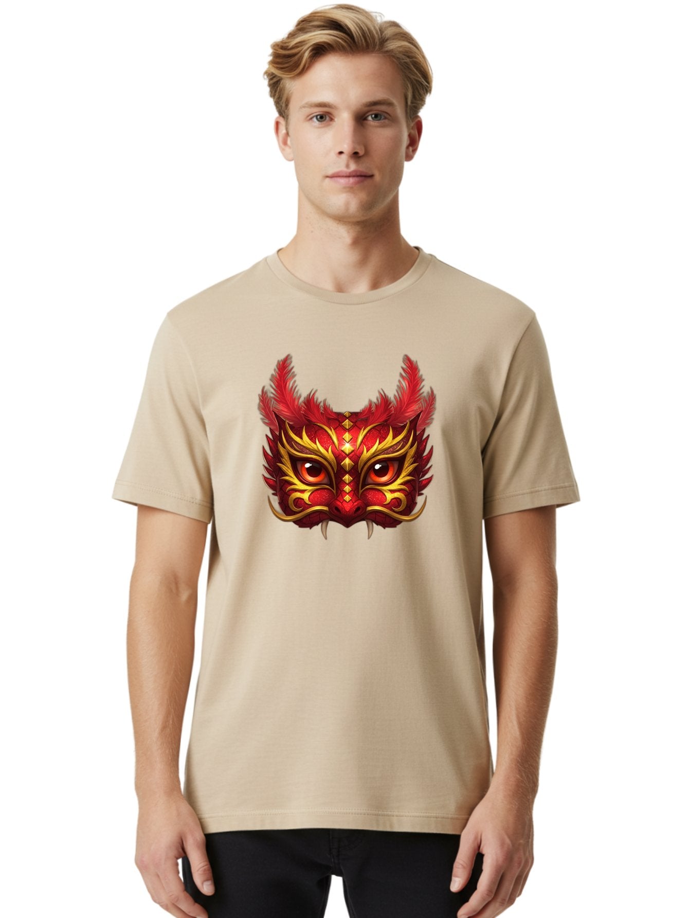Dragon-Head Men'S Graphic Tee, 100% Cotton, Comfortable Casual Summer Wear, Machine Washable, Red Dragon Face, Gold Accents, Sharp Fangs, Bold Design, Vibrant Red, Mythical Creature, Cultural Symbol, Fierce Expression, Dragon Art Bad057 23