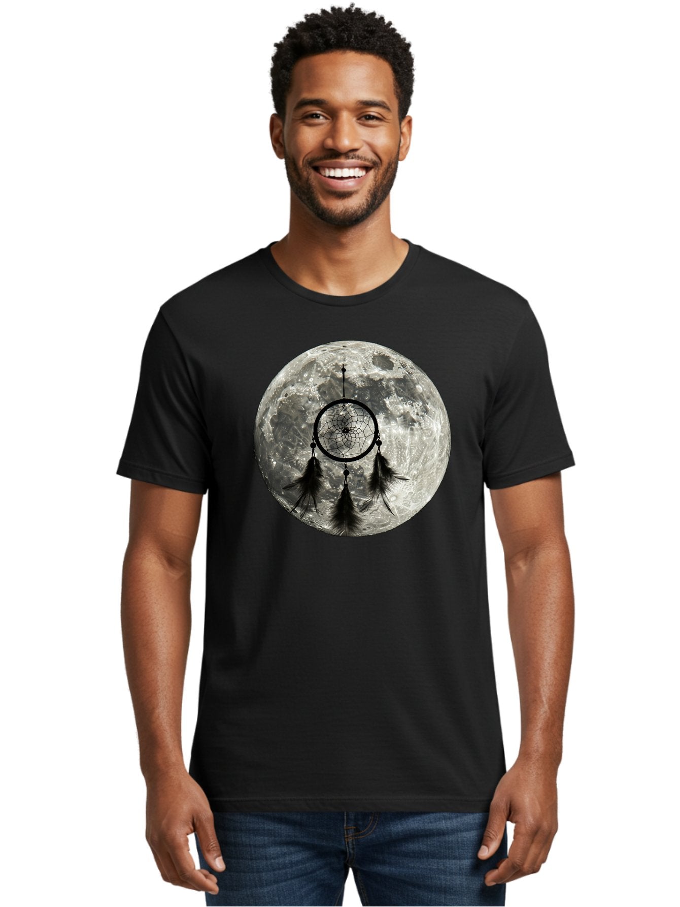 Dreamcatcher-Moon Men'S Graphic Tee, 100% Cotton, Comfortable Casual Summer Wear, Machine Washable, Dreamcatcher With Feathers, Full Moon, Lunar Surface, Mystical Symbol, Spiritual Significance, Black And White, Bohemian Style, Bad058 23
