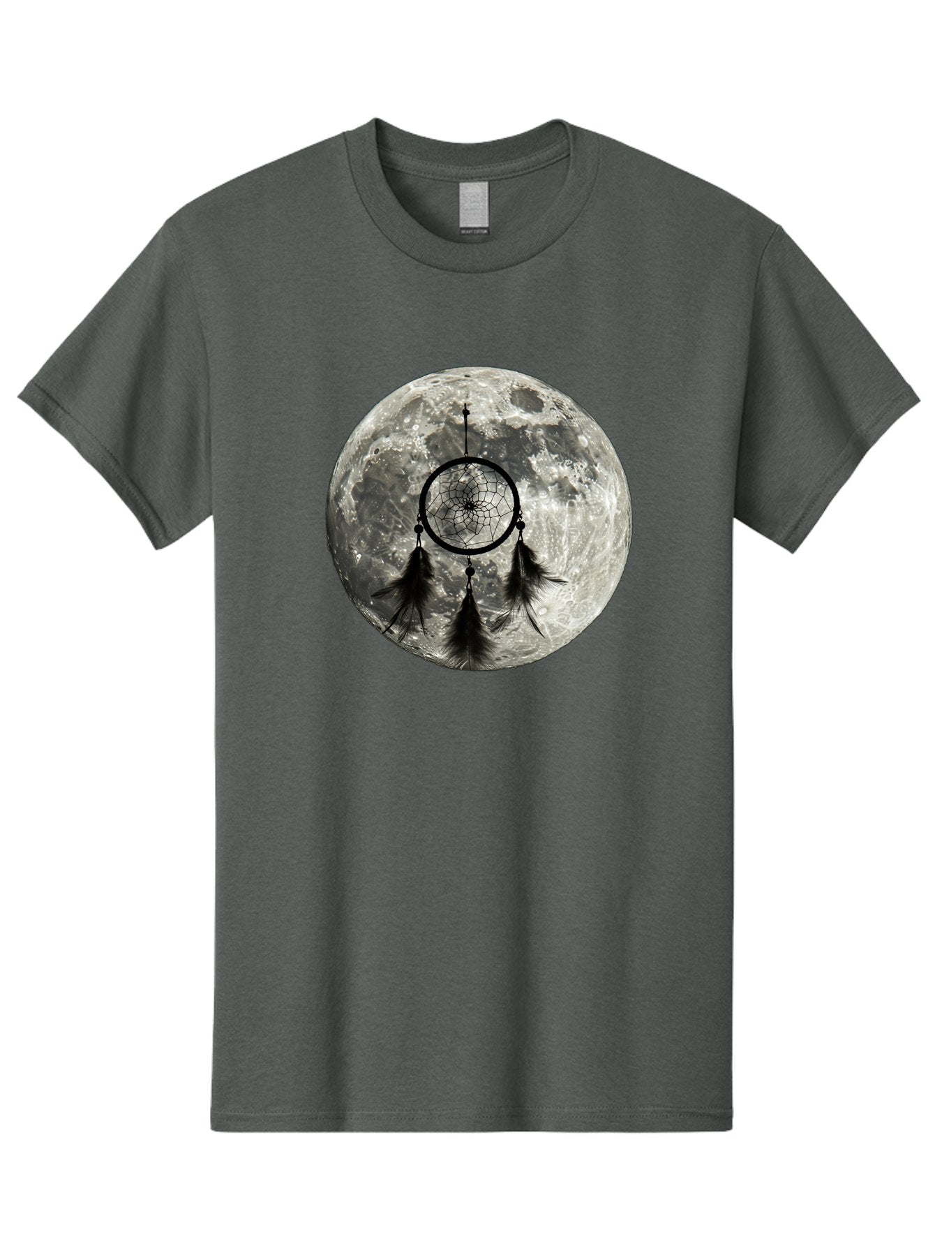 Dreamcatcher-Moon Men'S Graphic Tee, 100% Cotton, Comfortable Casual Summer Wear, Machine Washable, Dreamcatcher With Feathers, Full Moon, Lunar Surface, Mystical Symbol, Spiritual Significance, Black And White, Bohemian Style, Bad058