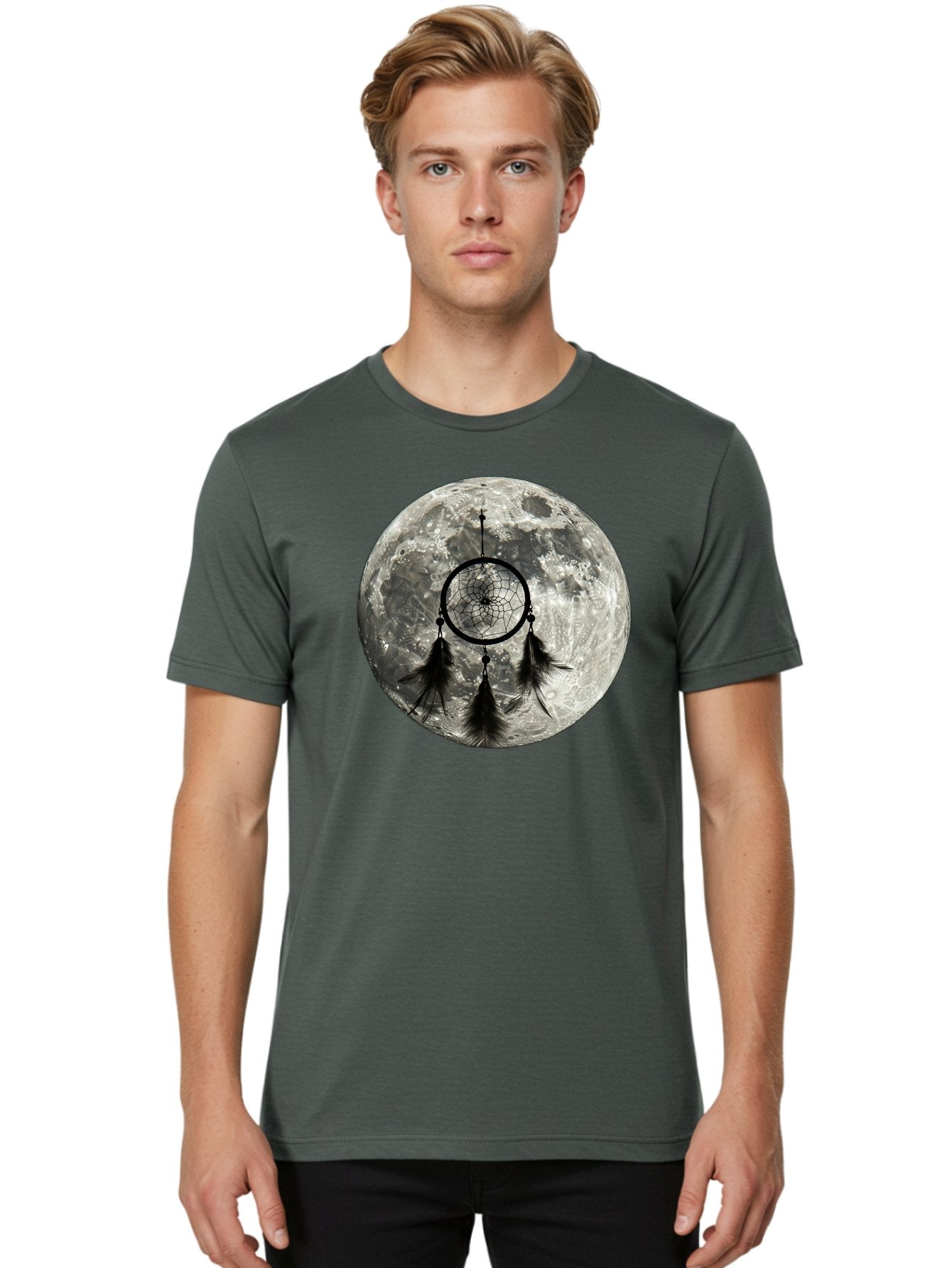 Dreamcatcher-Moon Men'S Graphic Tee, 100% Cotton, Comfortable Casual Summer Wear, Machine Washable, Dreamcatcher With Feathers, Full Moon, Lunar Surface, Mystical Symbol, Spiritual Significance, Black And White, Bohemian Style, Bad058 21