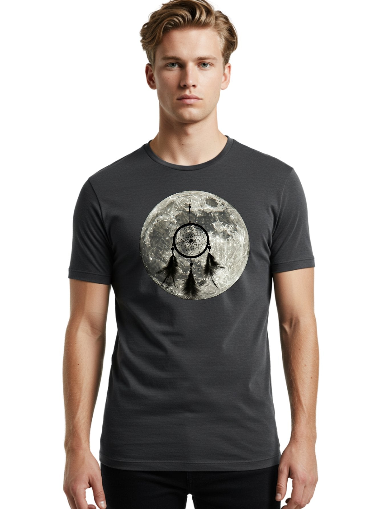 Dreamcatcher-Moon Men'S Graphic Tee, 100% Cotton, Comfortable Casual Summer Wear, Machine Washable, Dreamcatcher With Feathers, Full Moon, Lunar Surface, Mystical Symbol, Spiritual Significance, Black And White, Bohemian Style, Bad058 30