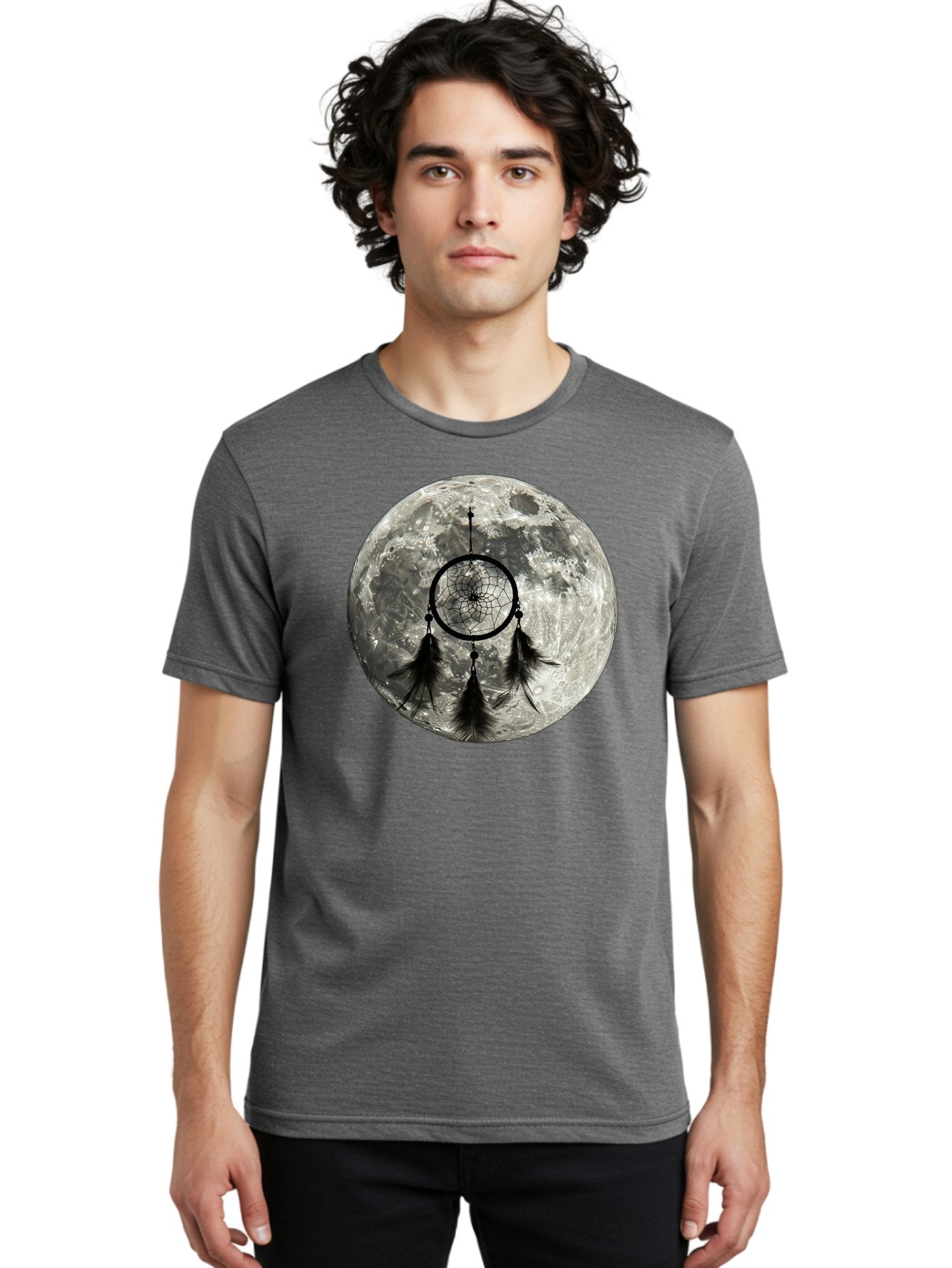 Dreamcatcher-Moon Men'S Graphic Tee, 100% Cotton, Comfortable Casual Summer Wear, Machine Washable, Dreamcatcher With Feathers, Full Moon, Lunar Surface, Mystical Symbol, Spiritual Significance, Black And White, Bohemian Style, Bad058 22