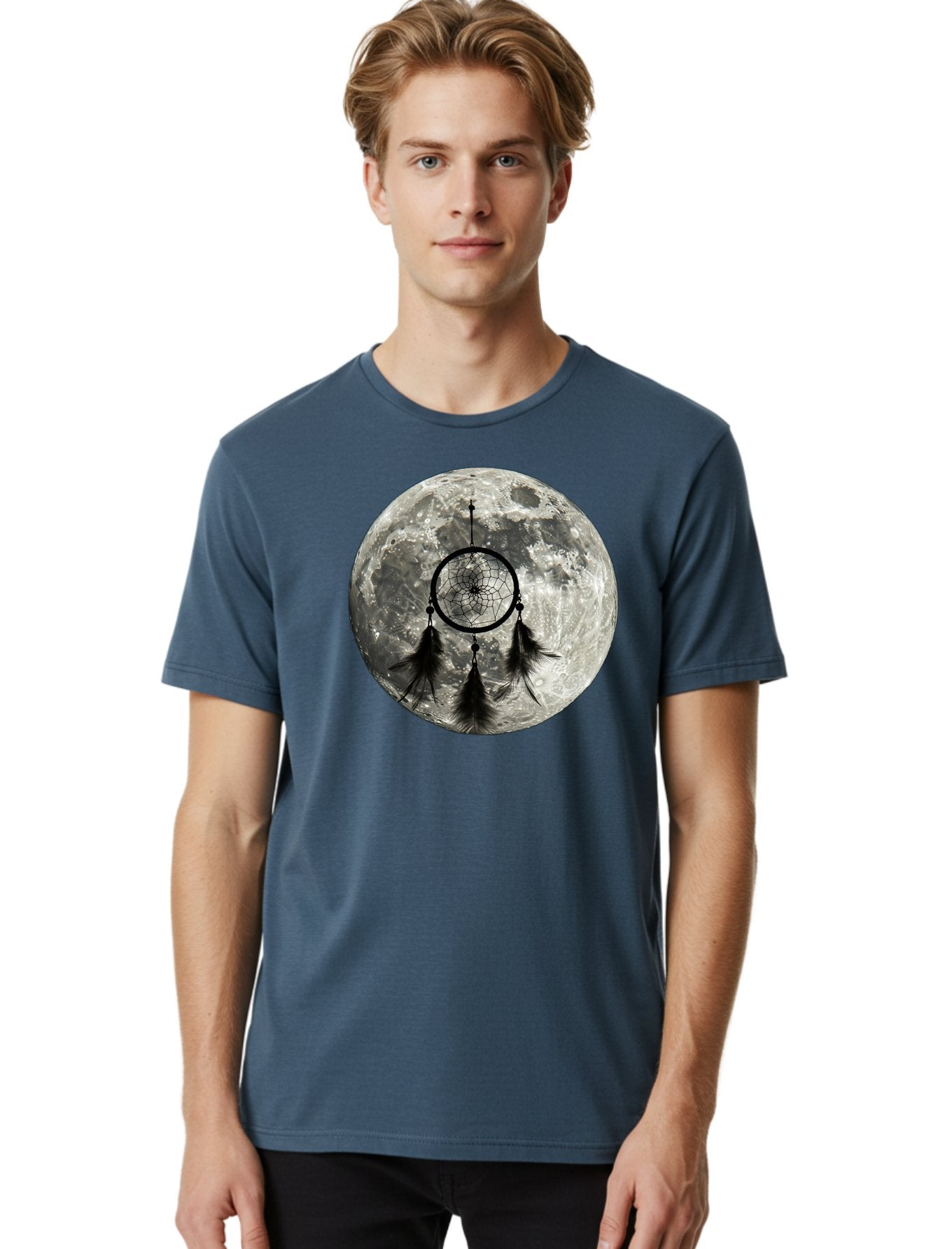 Dreamcatcher-Moon Men'S Graphic Tee, 100% Cotton, Comfortable Casual Summer Wear, Machine Washable, Dreamcatcher With Feathers, Full Moon, Lunar Surface, Mystical Symbol, Spiritual Significance, Black And White, Bohemian Style, Bad058 29