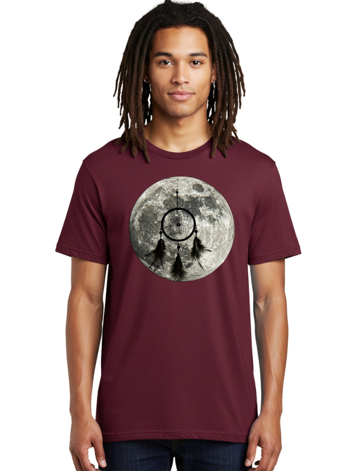 Dreamcatcher-Moon Men'S Graphic Tee, 100% Cotton, Comfortable Casual Summer Wear, Machine Washable, Dreamcatcher With Feathers, Full Moon, Lunar Surface, Mystical Symbol, Spiritual Significance, Black And White, Bohemian Style, Bad058 27
