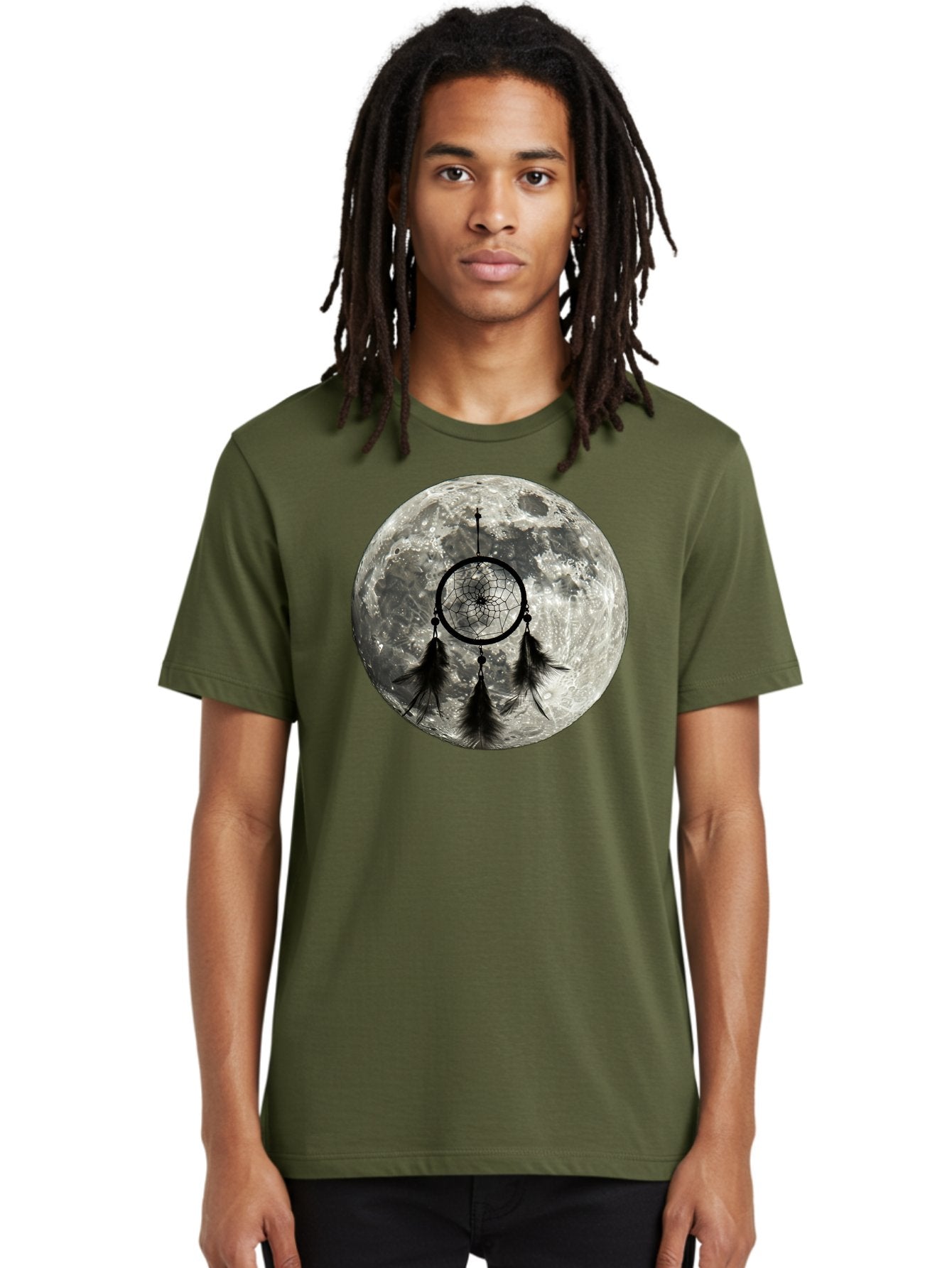 Dreamcatcher-Moon Men'S Graphic Tee, 100% Cotton, Comfortable Casual Summer Wear, Machine Washable, Dreamcatcher With Feathers, Full Moon, Lunar Surface, Mystical Symbol, Spiritual Significance, Black And White, Bohemian Style, Bad058 17