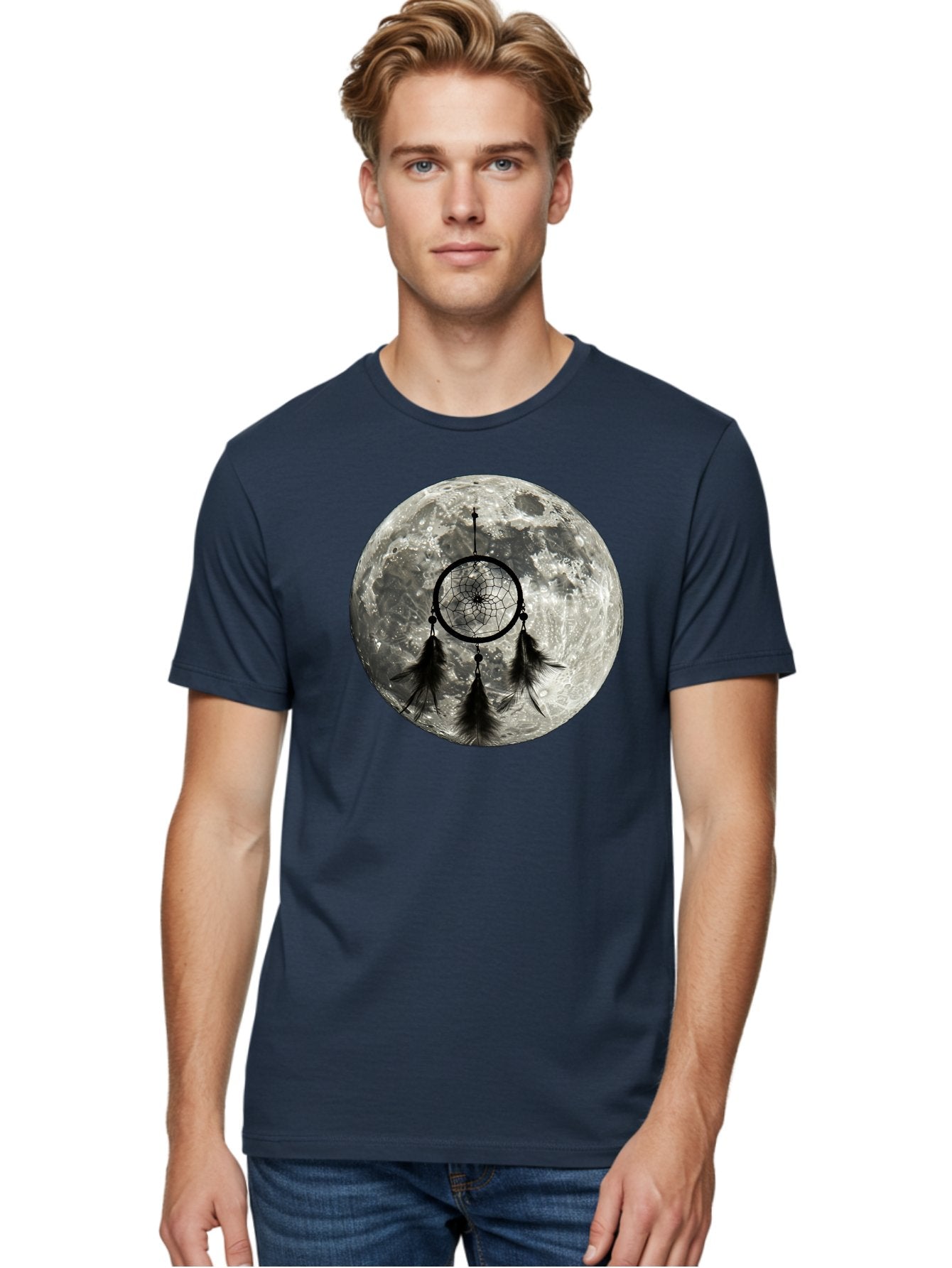 Dreamcatcher-Moon Men'S Graphic Tee, 100% Cotton, Comfortable Casual Summer Wear, Machine Washable, Dreamcatcher With Feathers, Full Moon, Lunar Surface, Mystical Symbol, Spiritual Significance, Black And White, Bohemian Style, Bad058 26