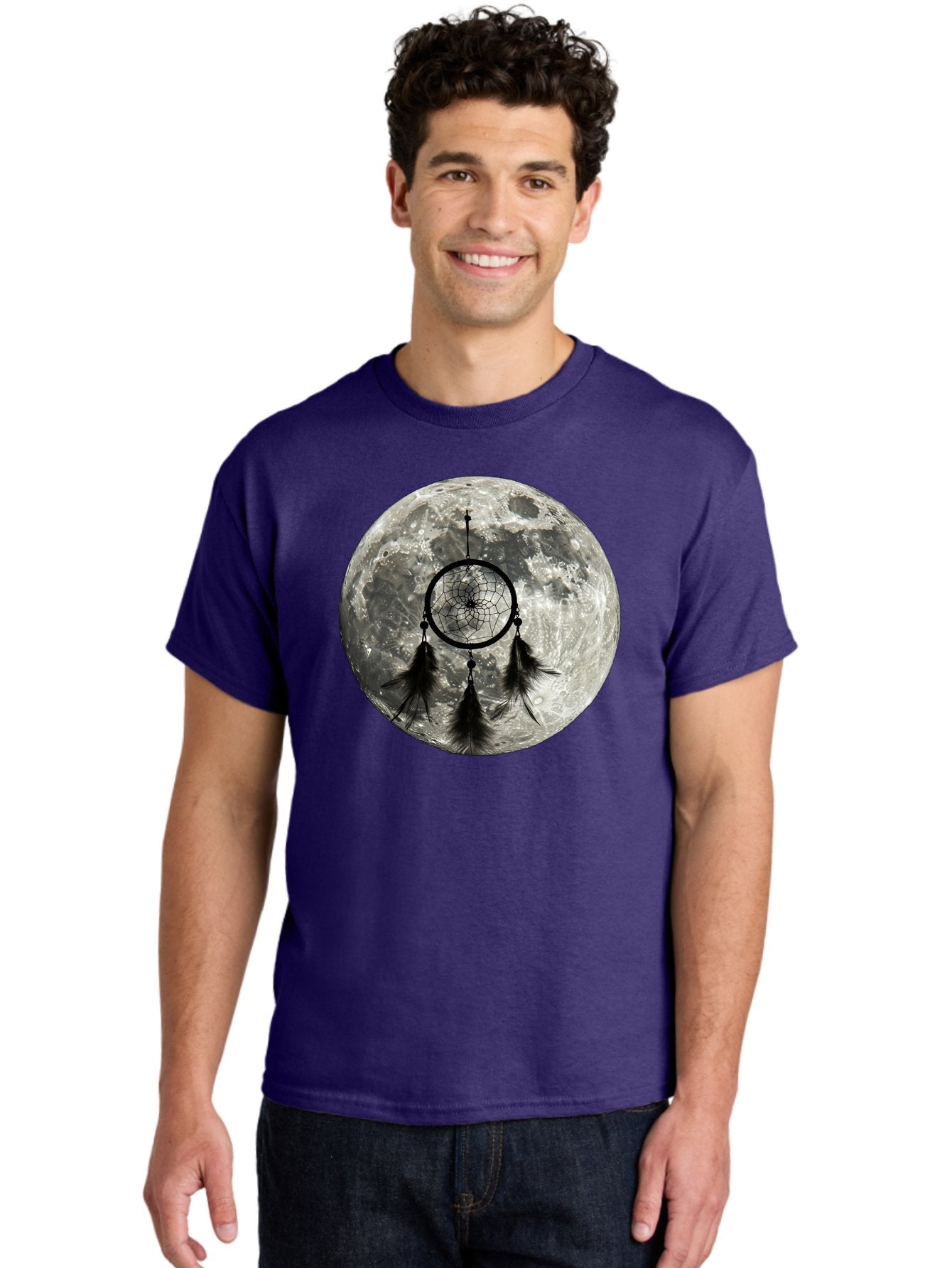 Dreamcatcher-Moon Men'S Graphic Tee, 100% Cotton, Comfortable Casual Summer Wear, Machine Washable, Dreamcatcher With Feathers, Full Moon, Lunar Surface, Mystical Symbol, Spiritual Significance, Black And White, Bohemian Style, Bad058 28