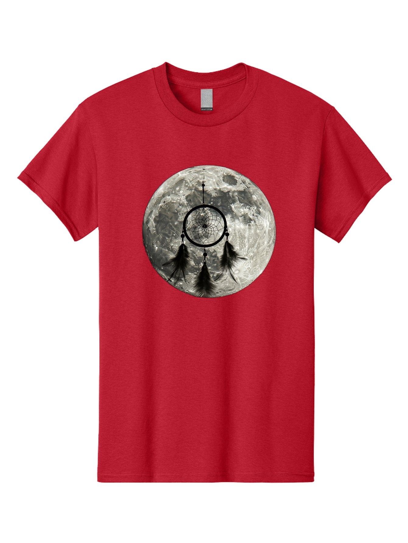 Dreamcatcher-Moon Men'S Graphic Tee, 100% Cotton, Comfortable Casual Summer Wear, Machine Washable, Dreamcatcher With Feathers, Full Moon, Lunar Surface, Mystical Symbol, Spiritual Significance, Black And White, Bohemian Style, Bad058