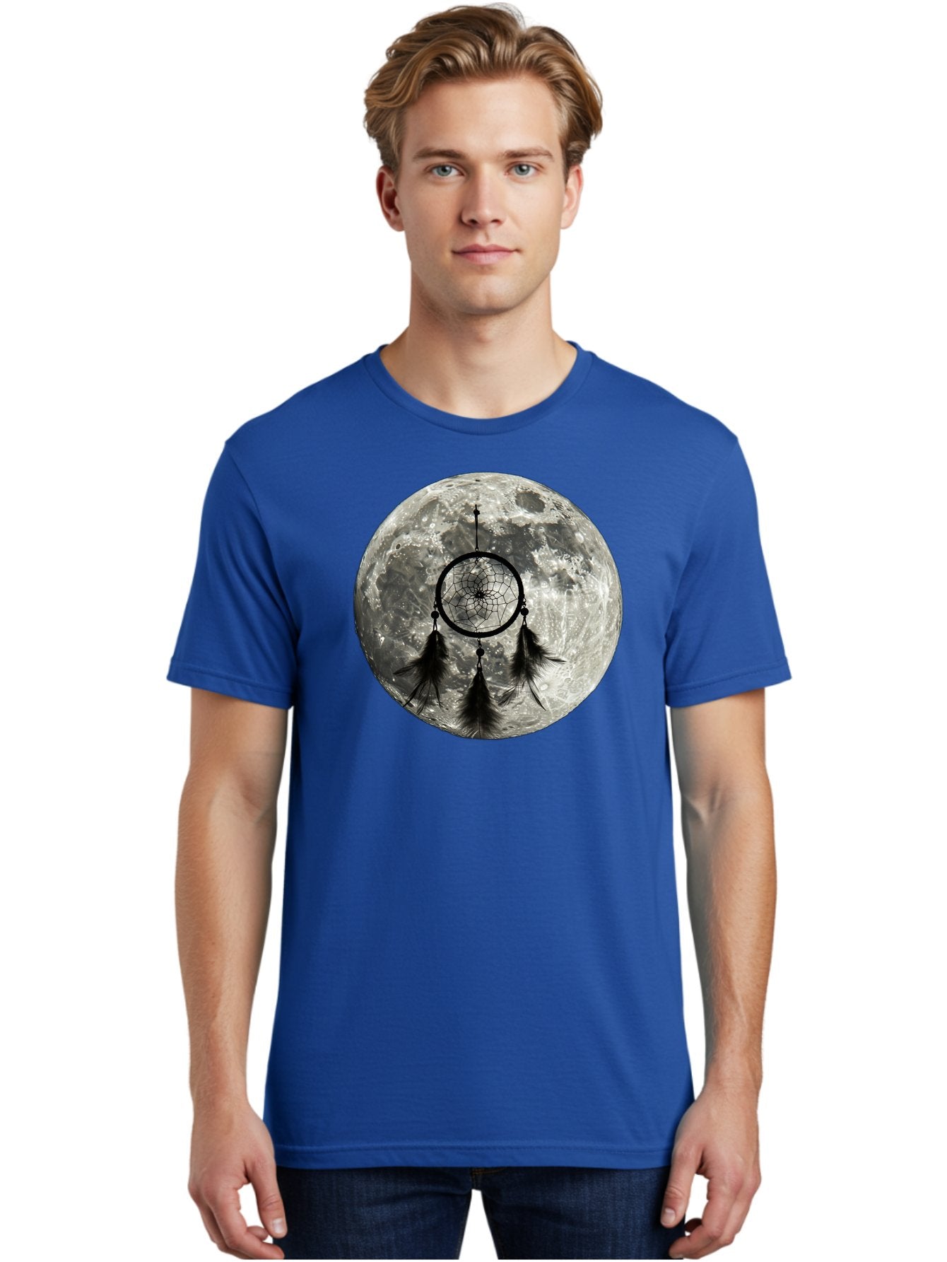 Dreamcatcher-Moon Men'S Graphic Tee, 100% Cotton, Comfortable Casual Summer Wear, Machine Washable, Dreamcatcher With Feathers, Full Moon, Lunar Surface, Mystical Symbol, Spiritual Significance, Black And White, Bohemian Style, Bad058 20