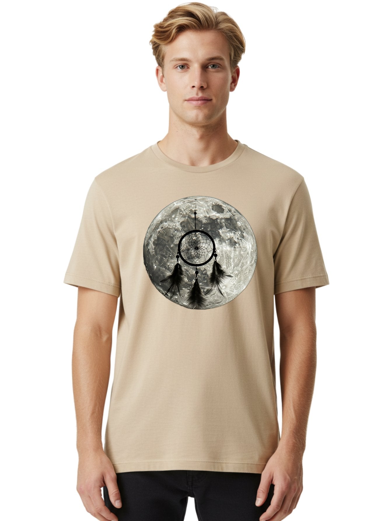 Dreamcatcher-Moon Men'S Graphic Tee, 100% Cotton, Comfortable Casual Summer Wear, Machine Washable, Dreamcatcher With Feathers, Full Moon, Lunar Surface, Mystical Symbol, Spiritual Significance, Black And White, Bohemian Style, Bad058 24