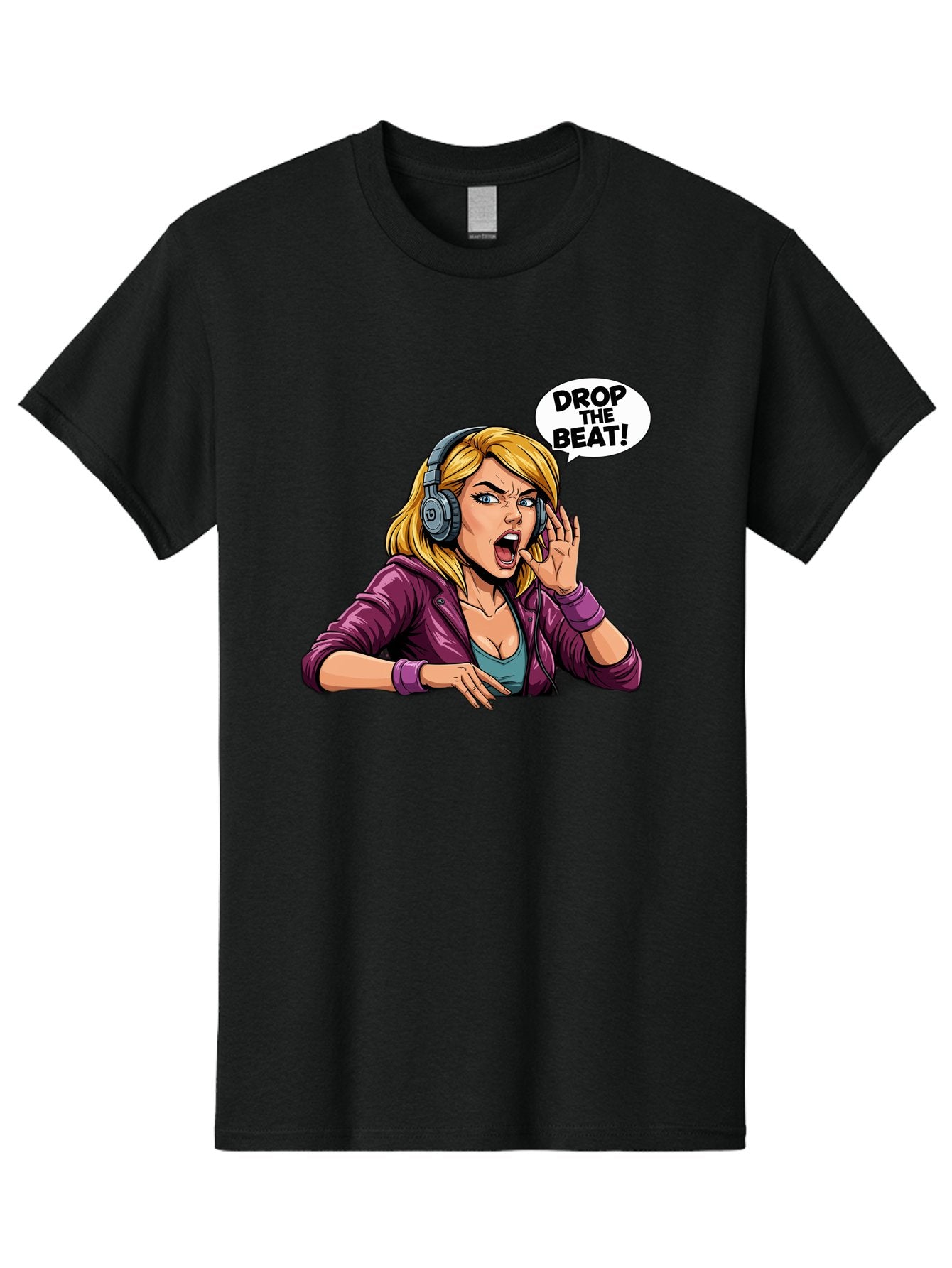 Drop-The-Beat-1 Men'S Graphic Tee, 100% Cotton, Comfortable Casual Summer Wear, Machine Washable, Girl Wearing Headphones, Energetic Music, Drop The Beat, Lively Cartoon Character, Dynamic Illustration, Blonde Woman, Purple Jacket, Bad059 8