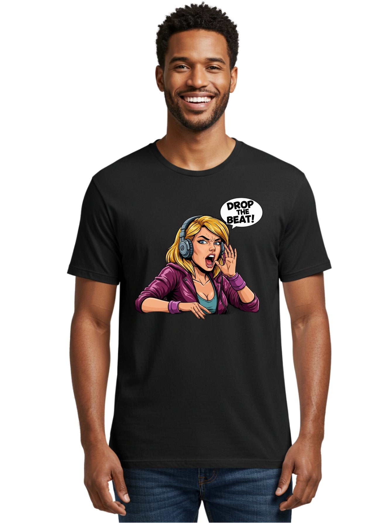Drop-The-Beat-1 Men'S Graphic Tee, 100% Cotton, Comfortable Casual Summer Wear, Machine Washable, Girl Wearing Headphones, Energetic Music, Drop The Beat, Lively Cartoon Character, Dynamic Illustration, Blonde Woman, Purple Jacket, Bad059 25