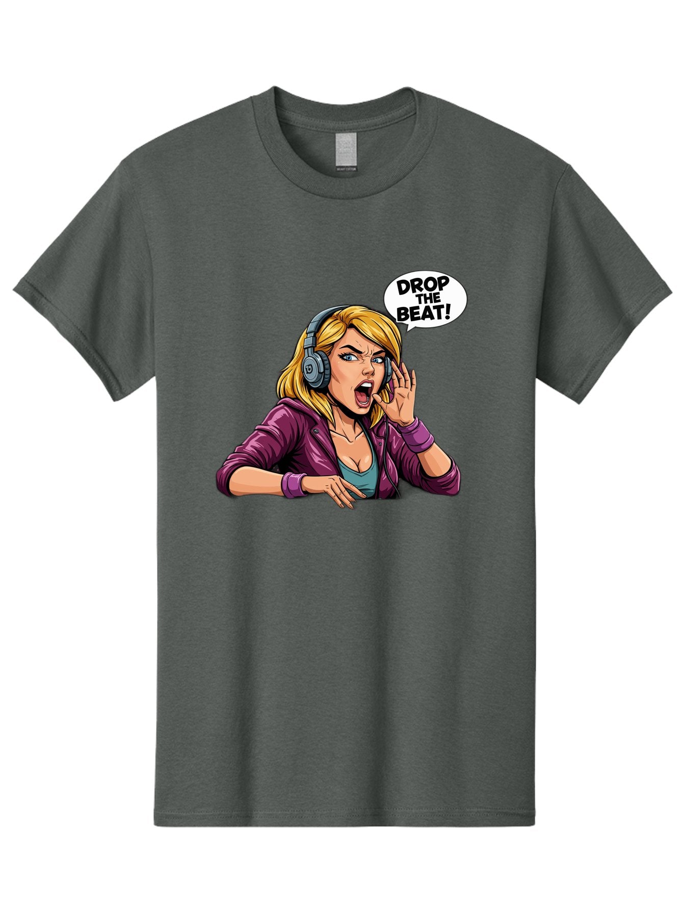 Drop-The-Beat-1 Men'S Graphic Tee, 100% Cotton, Comfortable Casual Summer Wear, Machine Washable, Girl Wearing Headphones, Energetic Music, Drop The Beat, Lively Cartoon Character, Dynamic Illustration, Blonde Woman, Purple Jacket, Bad059 15