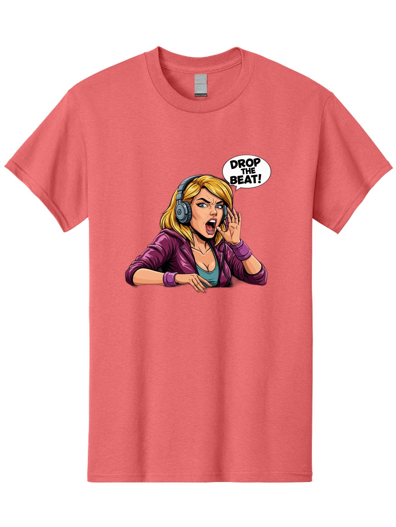 Drop-The-Beat-1 Men'S Graphic Tee, 100% Cotton, Comfortable Casual Summer Wear, Machine Washable, Girl Wearing Headphones, Energetic Music, Drop The Beat, Lively Cartoon Character, Dynamic Illustration, Blonde Woman, Purple Jacket, Bad059 7