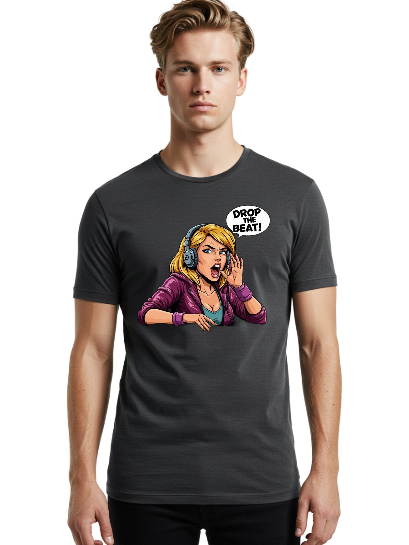 Drop-The-Beat-1 Men'S Graphic Tee, 100% Cotton, Comfortable Casual Summer Wear, Machine Washable, Girl Wearing Headphones, Energetic Music, Drop The Beat, Lively Cartoon Character, Dynamic Illustration, Blonde Woman, Purple Jacket, Bad059 20
