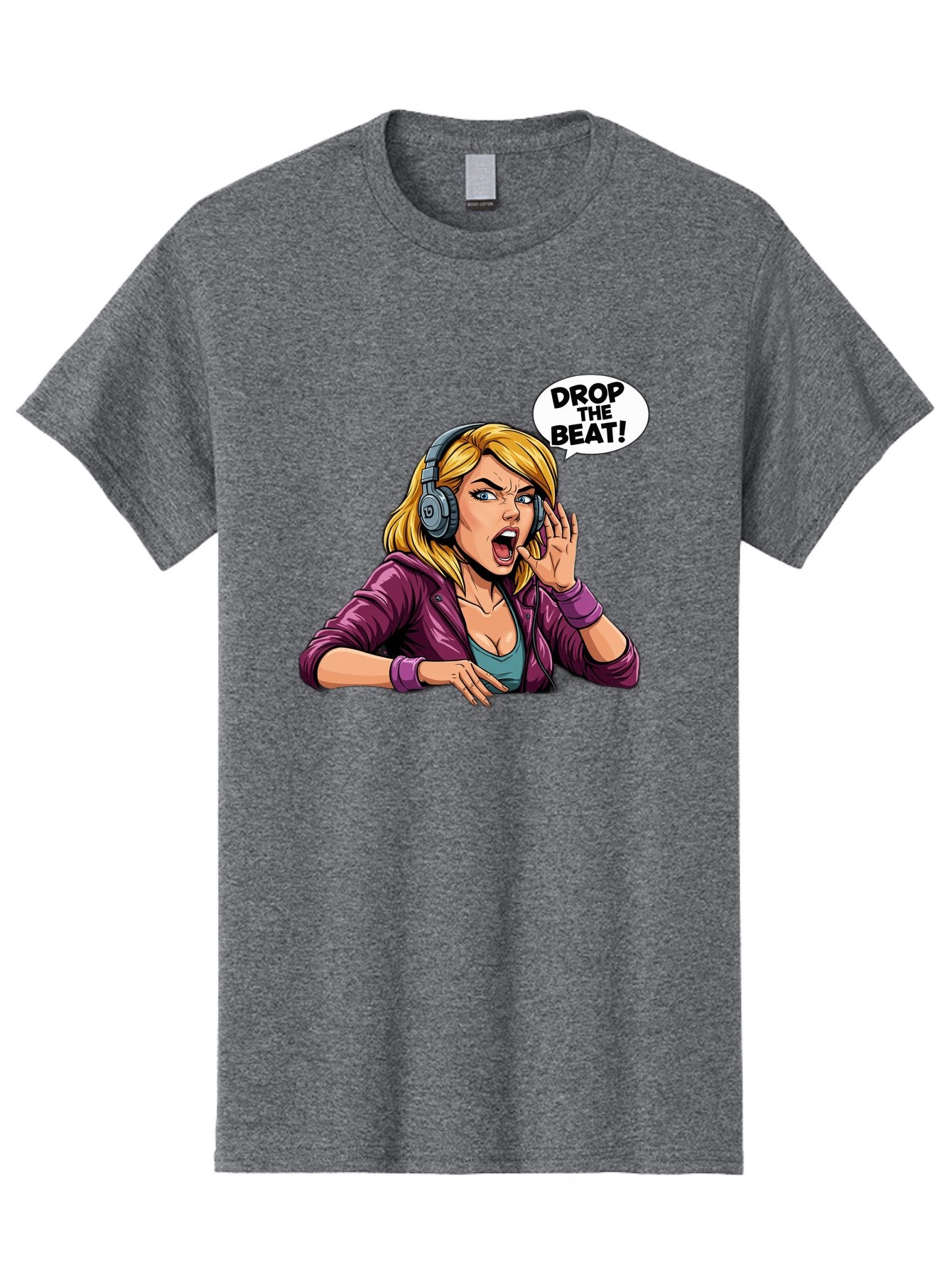 Drop-The-Beat-1 Men'S Graphic Tee, 100% Cotton, Comfortable Casual Summer Wear, Machine Washable, Girl Wearing Headphones, Energetic Music, Drop The Beat, Lively Cartoon Character, Dynamic Illustration, Blonde Woman, Purple Jacket, Bad059 6