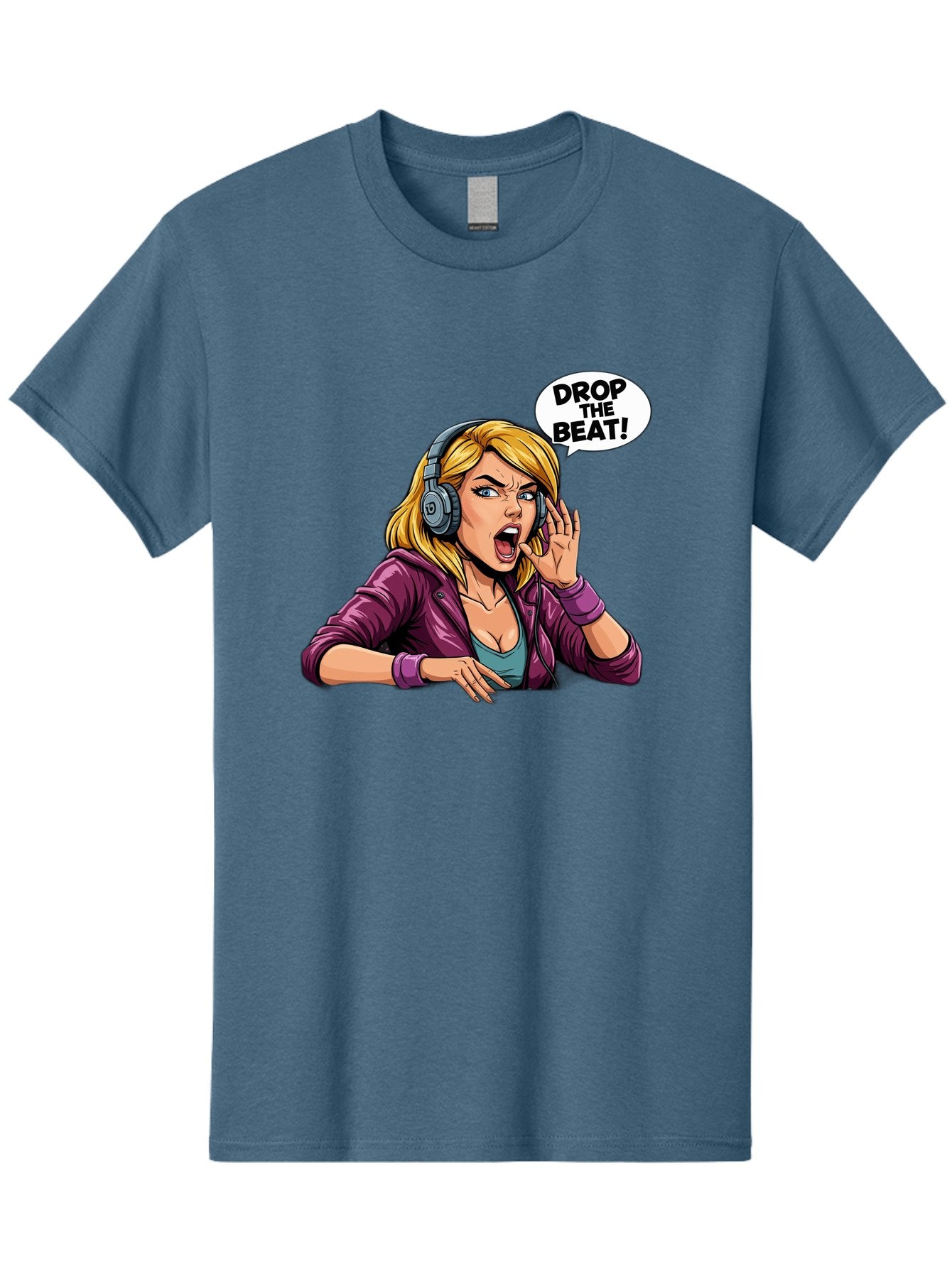 Drop-The-Beat-1 Men'S Graphic Tee, 100% Cotton, Comfortable Casual Summer Wear, Machine Washable, Girl Wearing Headphones, Energetic Music, Drop The Beat, Lively Cartoon Character, Dynamic Illustration, Blonde Woman, Purple Jacket, Bad059 4