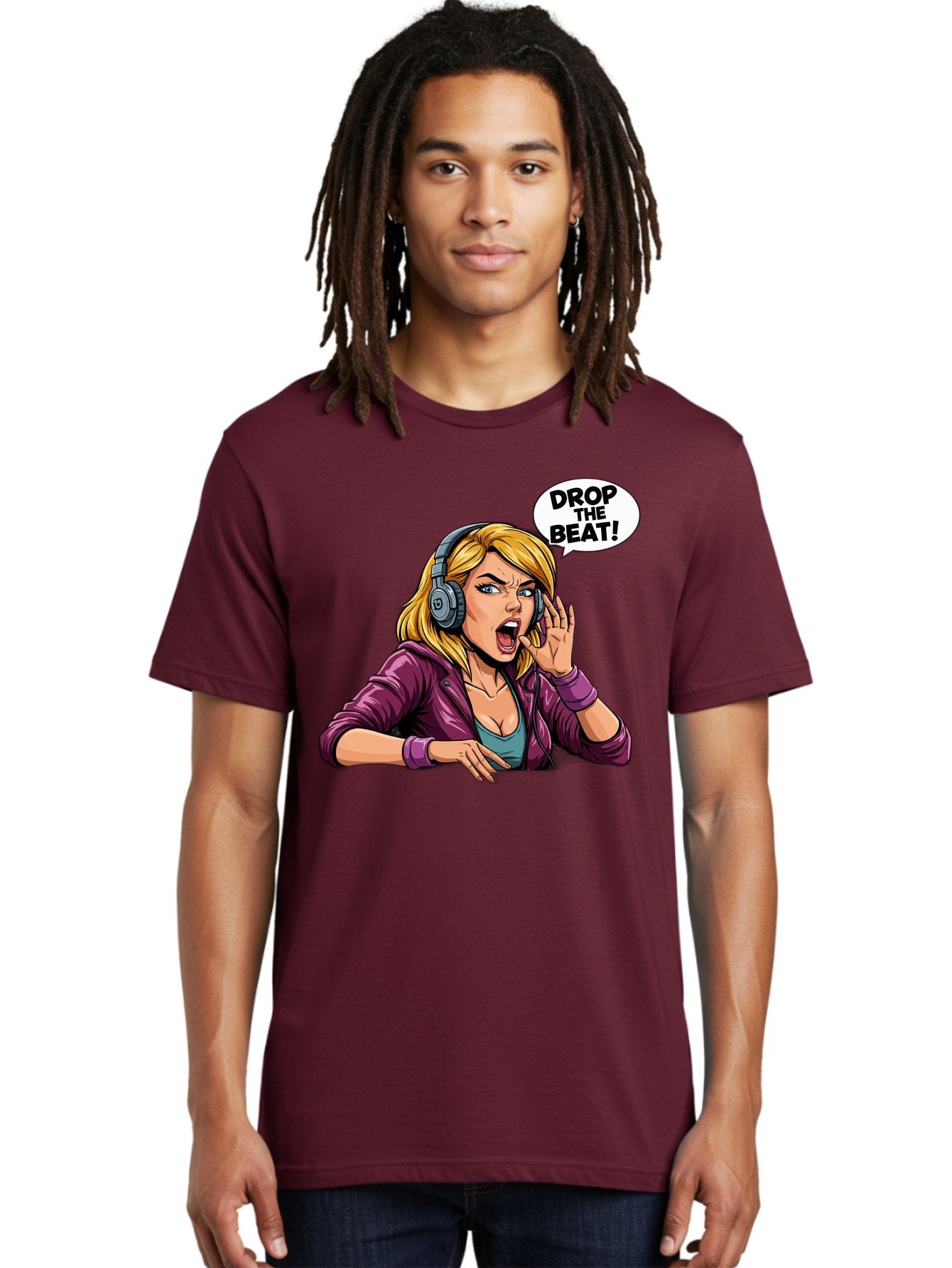 Drop-The-Beat-1 Men'S Graphic Tee, 100% Cotton, Comfortable Casual Summer Wear, Machine Washable, Girl Wearing Headphones, Energetic Music, Drop The Beat, Lively Cartoon Character, Dynamic Illustration, Blonde Woman, Purple Jacket, Bad059 17