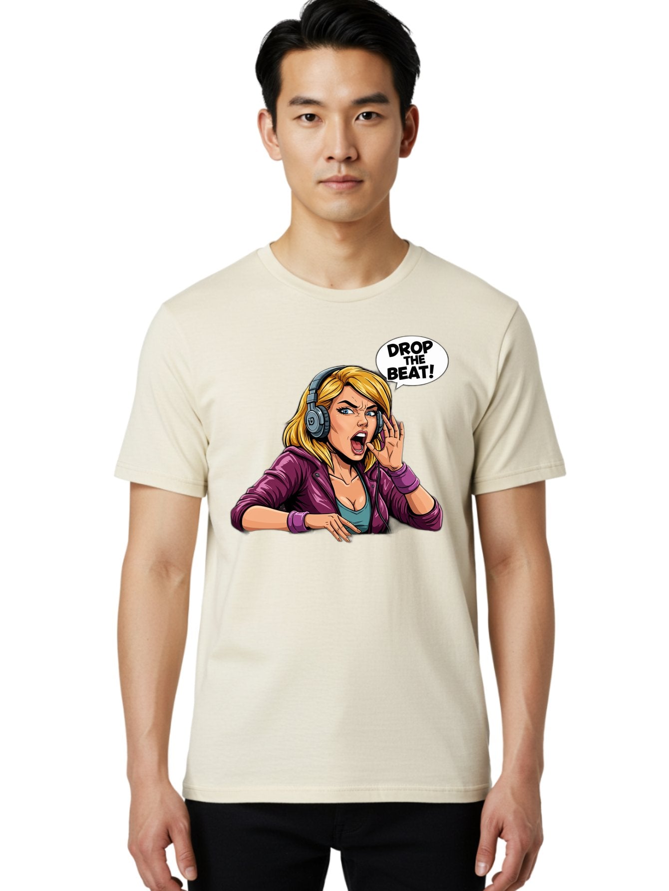 Drop-The-Beat-1 Men'S Graphic Tee, 100% Cotton, Comfortable Casual Summer Wear, Machine Washable, Girl Wearing Headphones, Energetic Music, Drop The Beat, Lively Cartoon Character, Dynamic Illustration, Blonde Woman, Purple Jacket, Bad059 29