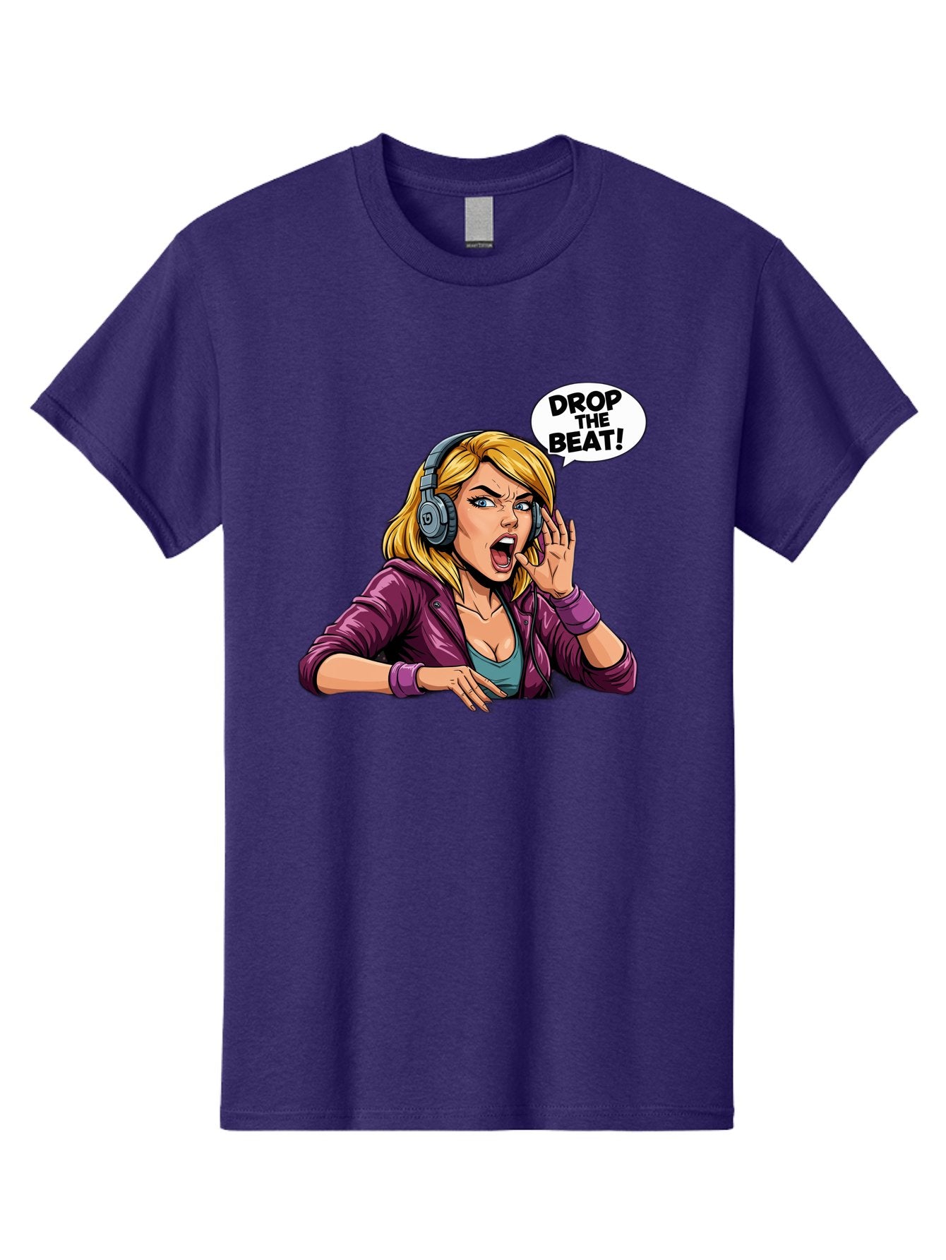 Drop-The-Beat-1 Men'S Graphic Tee, 100% Cotton, Comfortable Casual Summer Wear, Machine Washable, Girl Wearing Headphones, Energetic Music, Drop The Beat, Lively Cartoon Character, Dynamic Illustration, Blonde Woman, Purple Jacket, Bad059