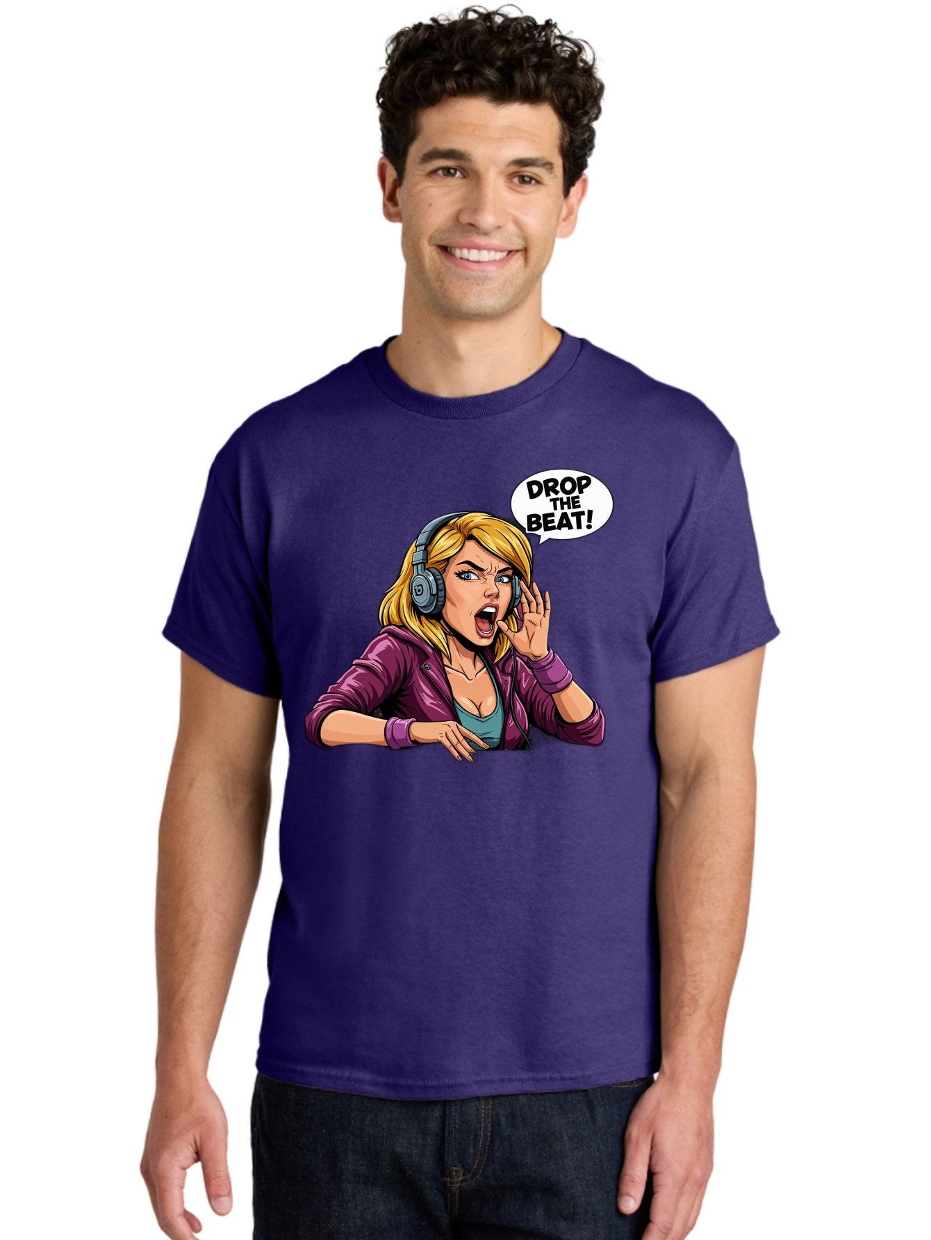 Drop-The-Beat-1 Men'S Graphic Tee, 100% Cotton, Comfortable Casual Summer Wear, Machine Washable, Girl Wearing Headphones, Energetic Music, Drop The Beat, Lively Cartoon Character, Dynamic Illustration, Blonde Woman, Purple Jacket, Bad059 19