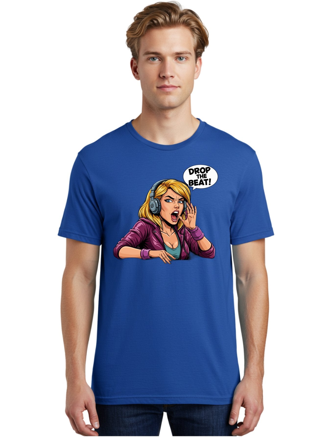 Drop-The-Beat-1 Men'S Graphic Tee, 100% Cotton, Comfortable Casual Summer Wear, Machine Washable, Girl Wearing Headphones, Energetic Music, Drop The Beat, Lively Cartoon Character, Dynamic Illustration, Blonde Woman, Purple Jacket, Bad059 26