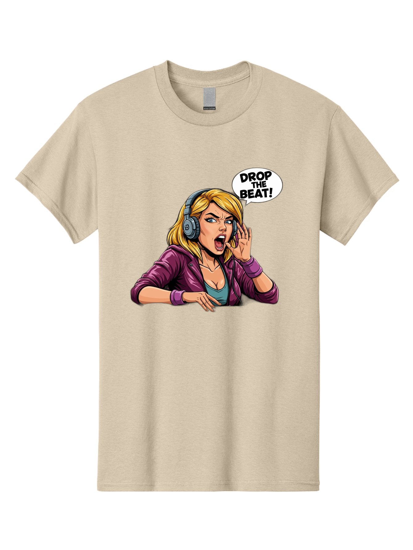 Drop-The-Beat-1 Men'S Graphic Tee, 100% Cotton, Comfortable Casual Summer Wear, Machine Washable, Girl Wearing Headphones, Energetic Music, Drop The Beat, Lively Cartoon Character, Dynamic Illustration, Blonde Woman, Purple Jacket, Bad059 5
