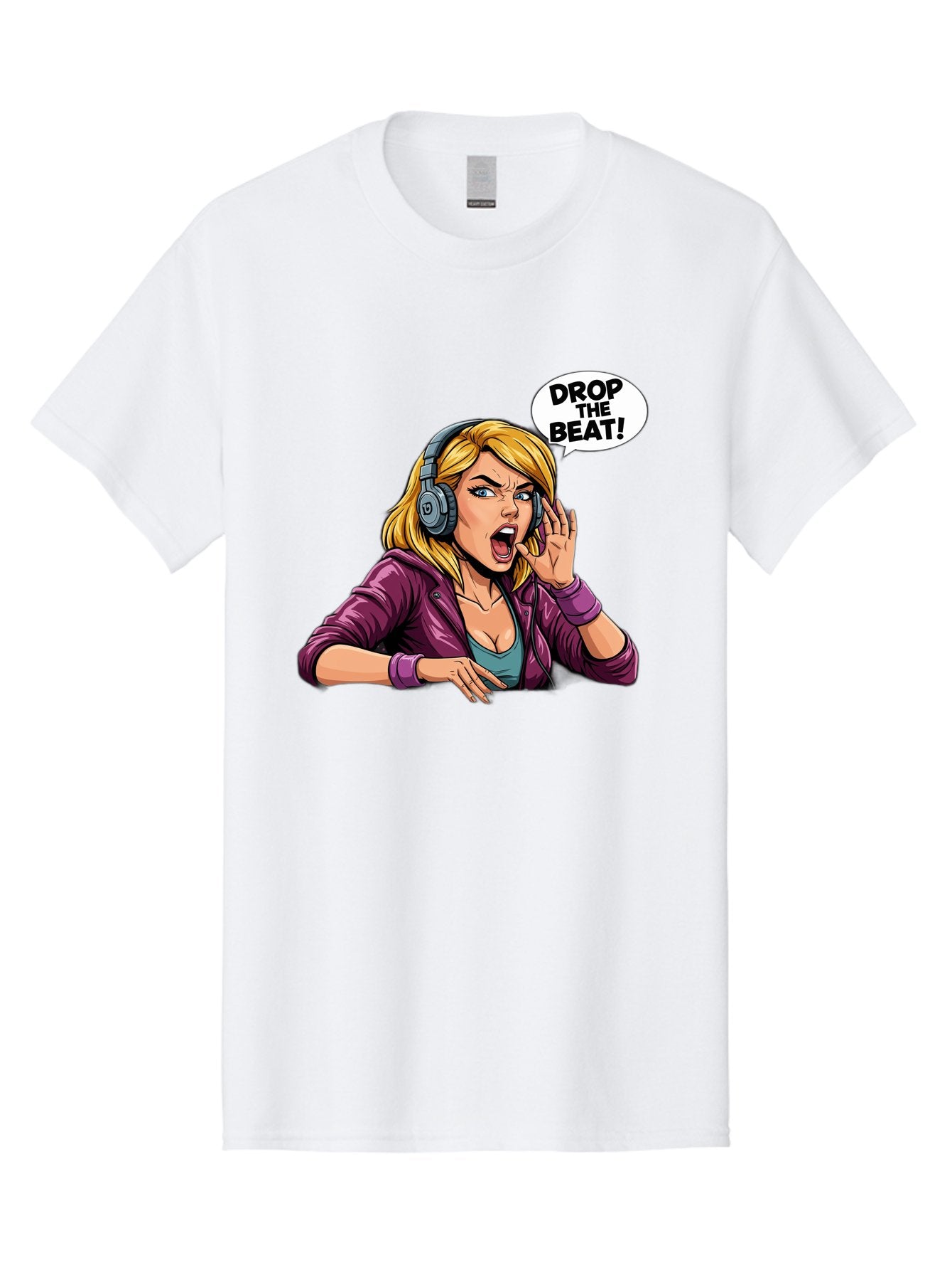 Drop-The-Beat-1 Men'S Graphic Tee, 100% Cotton, Comfortable Casual Summer Wear, Machine Washable, Girl Wearing Headphones, Energetic Music, Drop The Beat, Lively Cartoon Character, Dynamic Illustration, Blonde Woman, Purple Jacket, Bad059