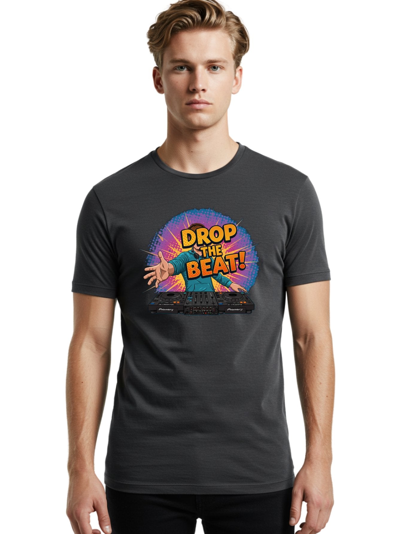 Drop-The-Beat Men'S Graphic Tee, 100% Cotton, Comfortable Casual Summer Wear, Machine Washable, Dj Spinning Tracks, Electronic Dance Music, Party Atmosphere, Club Vibe, Dj Controller, Pionery Equipment, Mixing Beats, Energetic Performance Bad060 27