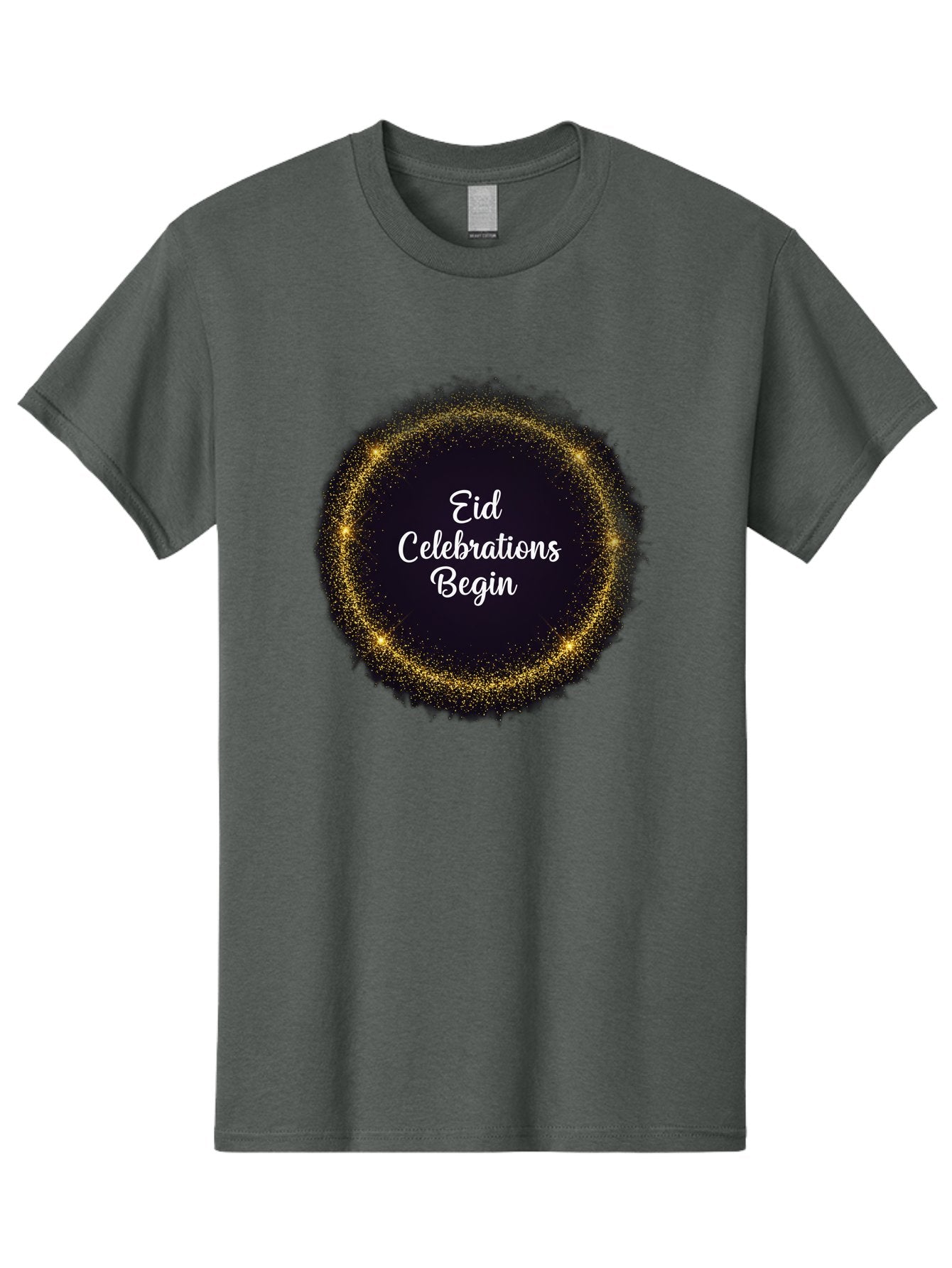 Eid-Celebrations-Begin Men'S Graphic Tee, 100% Cotton, Comfortable Casual Summer Wear, Machine Washable, Eid Celebrations, Festive Greeting, Holiday Wishes, Sparkling Circle, Golden Glitter, Eid Mubarak, Celebration Begins, Joyful Festivities, Bad063 13