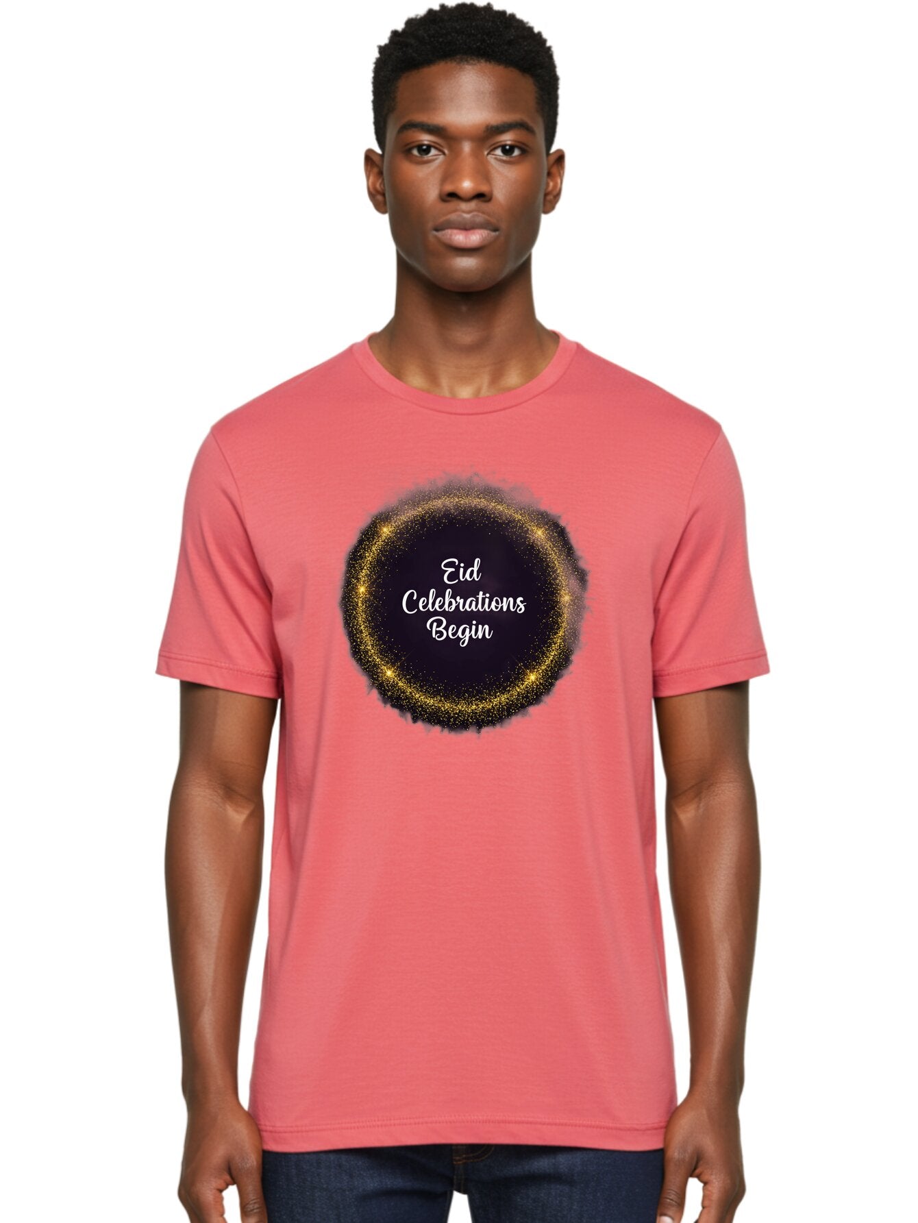 Eid-Celebrations-Begin Men'S Graphic Tee, 100% Cotton, Comfortable Casual Summer Wear, Machine Washable, Eid Celebrations, Festive Greeting, Holiday Wishes, Sparkling Circle, Golden Glitter, Eid Mubarak, Celebration Begins, Joyful Festivities, Bad063 16