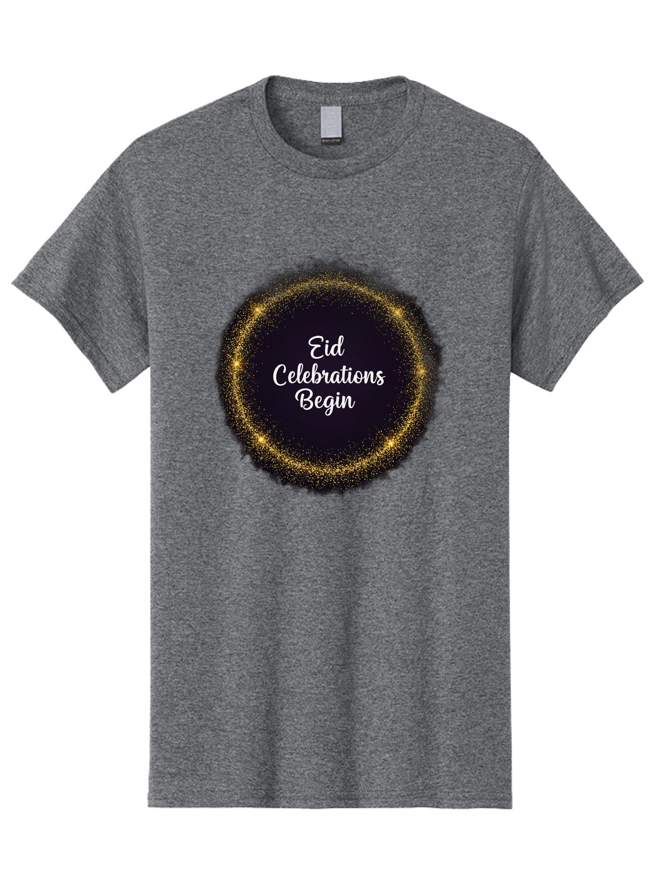 Eid-Celebrations-Begin Men'S Graphic Tee, 100% Cotton, Comfortable Casual Summer Wear, Machine Washable, Eid Celebrations, Festive Greeting, Holiday Wishes, Sparkling Circle, Golden Glitter, Eid Mubarak, Celebration Begins, Joyful Festivities, Bad063 5