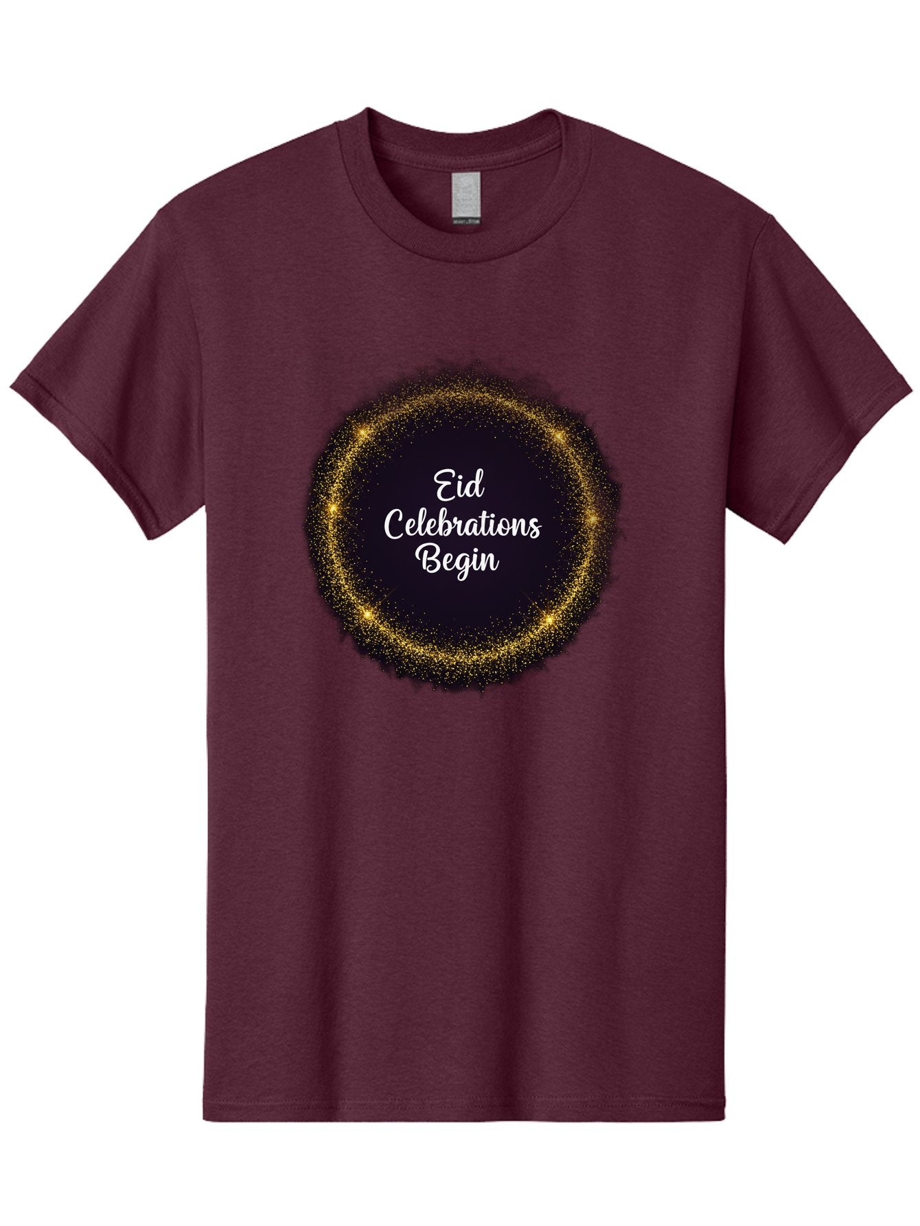 Eid-Celebrations-Begin Men'S Graphic Tee, 100% Cotton, Comfortable Casual Summer Wear, Machine Washable, Eid Celebrations, Festive Greeting, Holiday Wishes, Sparkling Circle, Golden Glitter, Eid Mubarak, Celebration Begins, Joyful Festivities, Bad063