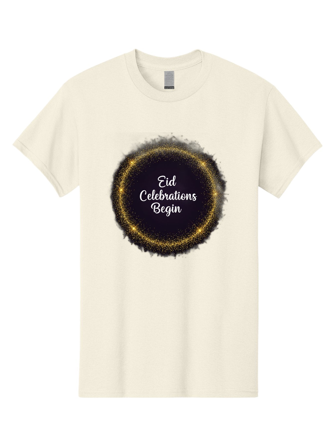 Eid-Celebrations-Begin Men'S Graphic Tee, 100% Cotton, Comfortable Casual Summer Wear, Machine Washable, Eid Celebrations, Festive Greeting, Holiday Wishes, Sparkling Circle, Golden Glitter, Eid Mubarak, Celebration Begins, Joyful Festivities, Bad063