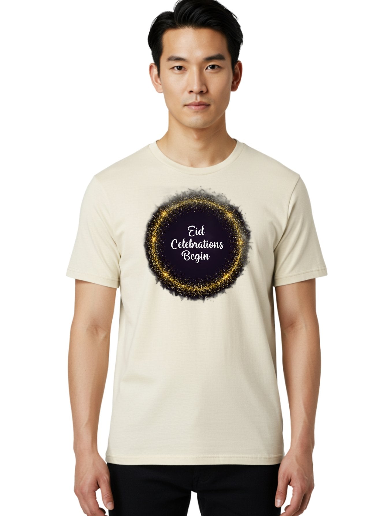 Eid-Celebrations-Begin Men'S Graphic Tee, 100% Cotton, Comfortable Casual Summer Wear, Machine Washable, Eid Celebrations, Festive Greeting, Holiday Wishes, Sparkling Circle, Golden Glitter, Eid Mubarak, Celebration Begins, Joyful Festivities, Bad063 21