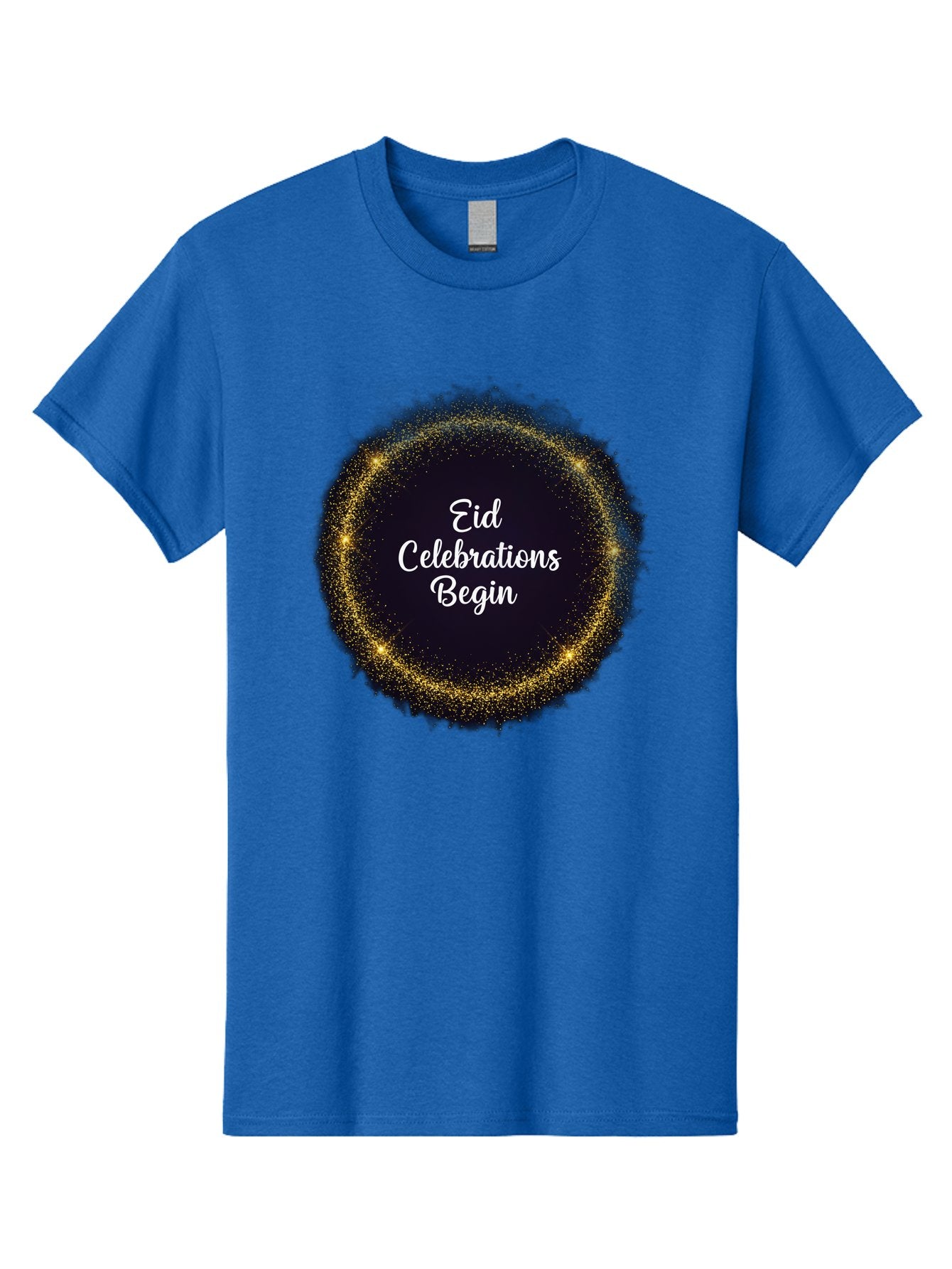 Eid-Celebrations-Begin Men'S Graphic Tee, 100% Cotton, Comfortable Casual Summer Wear, Machine Washable, Eid Celebrations, Festive Greeting, Holiday Wishes, Sparkling Circle, Golden Glitter, Eid Mubarak, Celebration Begins, Joyful Festivities, Bad063 4