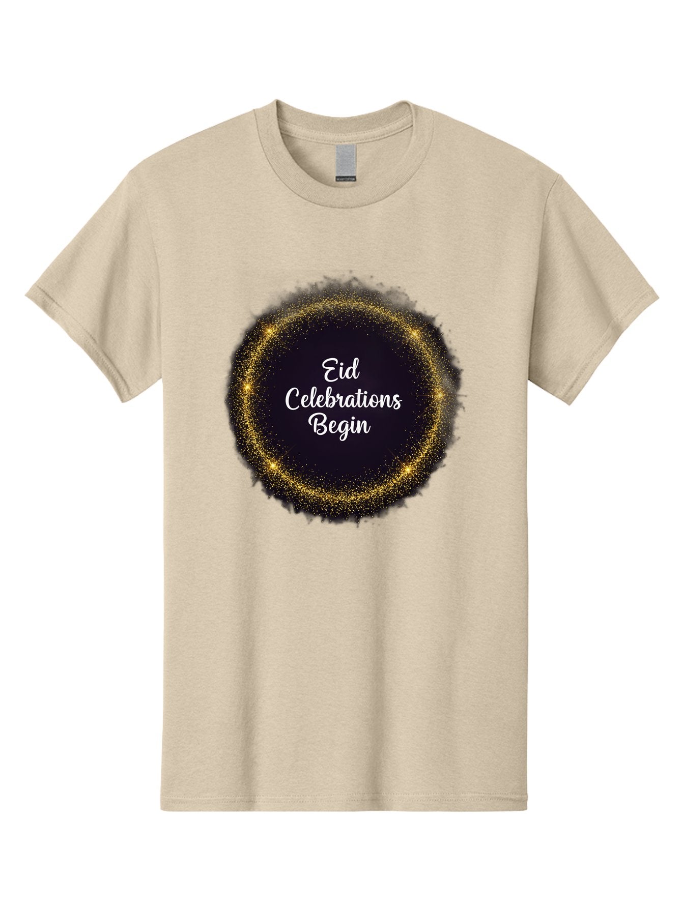 Eid-Celebrations-Begin Men'S Graphic Tee, 100% Cotton, Comfortable Casual Summer Wear, Machine Washable, Eid Celebrations, Festive Greeting, Holiday Wishes, Sparkling Circle, Golden Glitter, Eid Mubarak, Celebration Begins, Joyful Festivities, Bad063 12