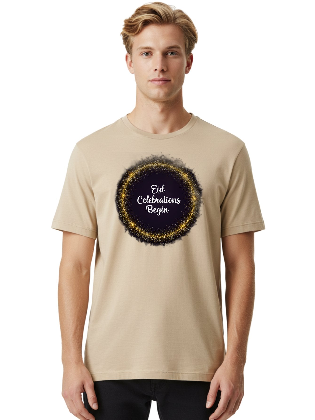 Eid-Celebrations-Begin Men'S Graphic Tee, 100% Cotton, Comfortable Casual Summer Wear, Machine Washable, Eid Celebrations, Festive Greeting, Holiday Wishes, Sparkling Circle, Golden Glitter, Eid Mubarak, Celebration Begins, Joyful Festivities, Bad063 28
