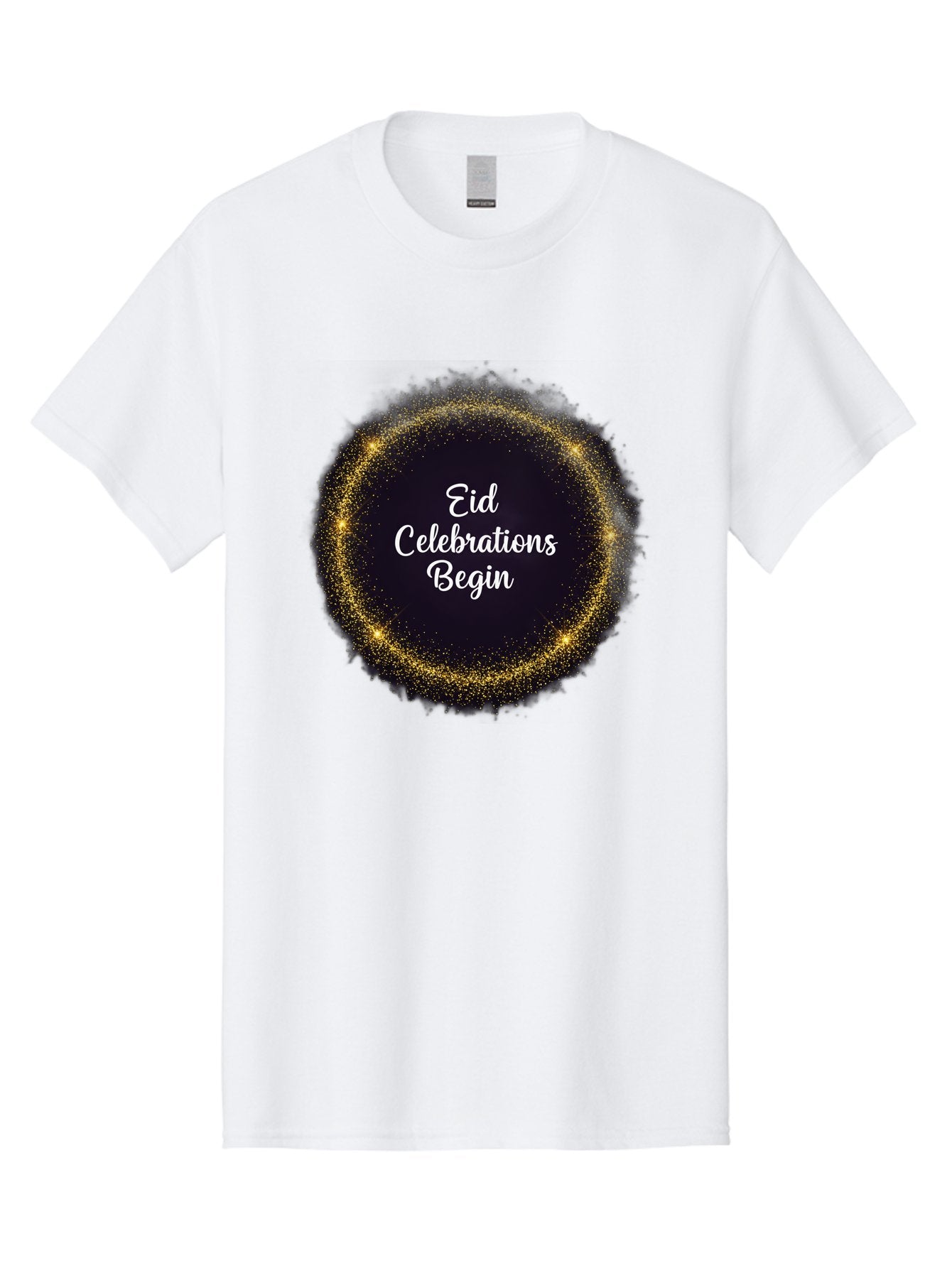 Eid-Celebrations-Begin Men'S Graphic Tee, 100% Cotton, Comfortable Casual Summer Wear, Machine Washable, Eid Celebrations, Festive Greeting, Holiday Wishes, Sparkling Circle, Golden Glitter, Eid Mubarak, Celebration Begins, Joyful Festivities, Bad063 9
