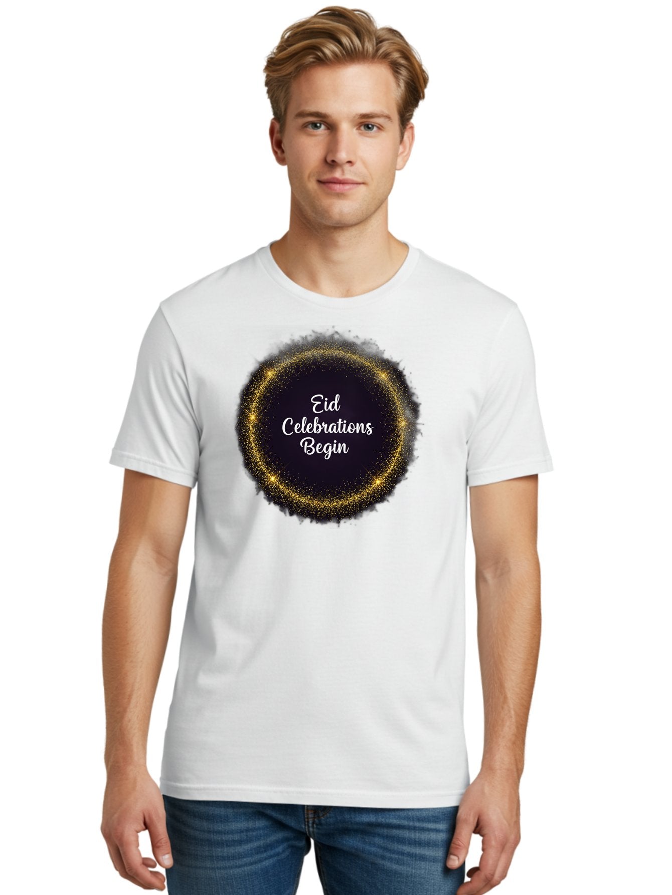 Eid-Celebrations-Begin Men'S Graphic Tee, 100% Cotton, Comfortable Casual Summer Wear, Machine Washable, Eid Celebrations, Festive Greeting, Holiday Wishes, Sparkling Circle, Golden Glitter, Eid Mubarak, Celebration Begins, Joyful Festivities, Bad063 26