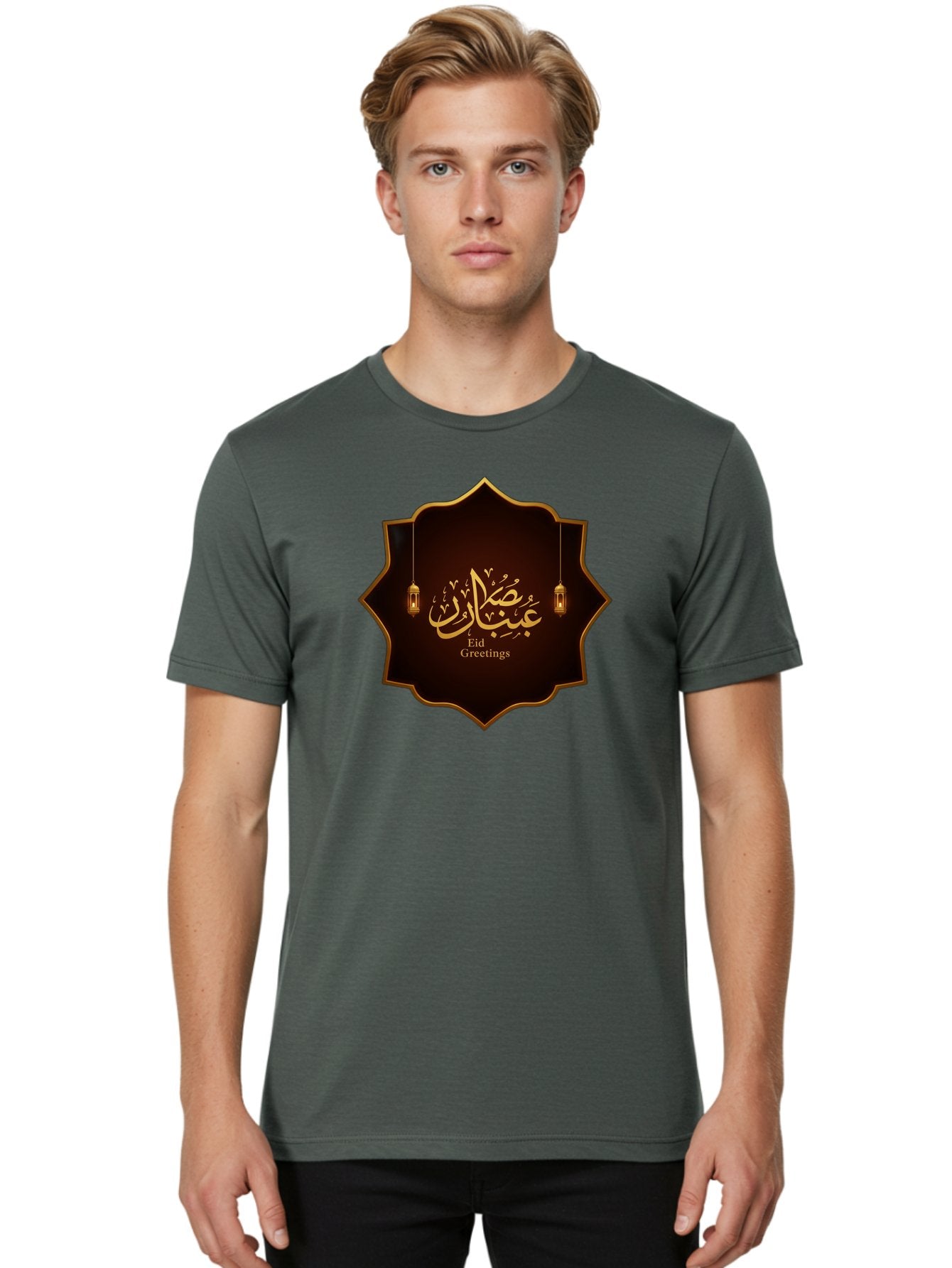 Eid-Greetings Men'S Graphic Tee, 100% Cotton, Comfortable Casual Summer Wear, Machine Washable, Eid Mubarak Greetings, Islamic Calligraphy, Golden Ornaments, Hanging Lanterns, Traditional Celebrations, Eid Wishes, Muslim Festival Bad064 24