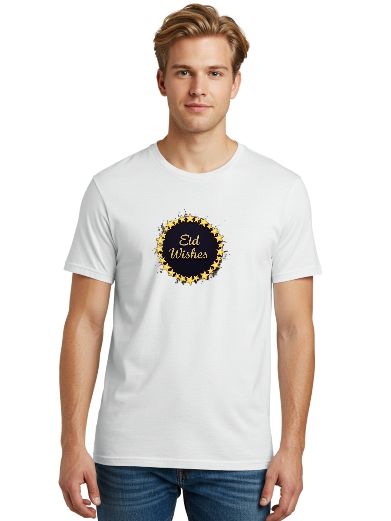 Eid-Wishes Men'S Graphic Tee, 100% Cotton, Comfortable Casual Summer Wear, Machine Washable, Eid Wishes, Festive Greeting, Golden Stars, Celebration, Holiday Wishes, Islamic Festival, Eid Mubarak, Starry Design, Elegant Font, Gold Stars Bad066 19