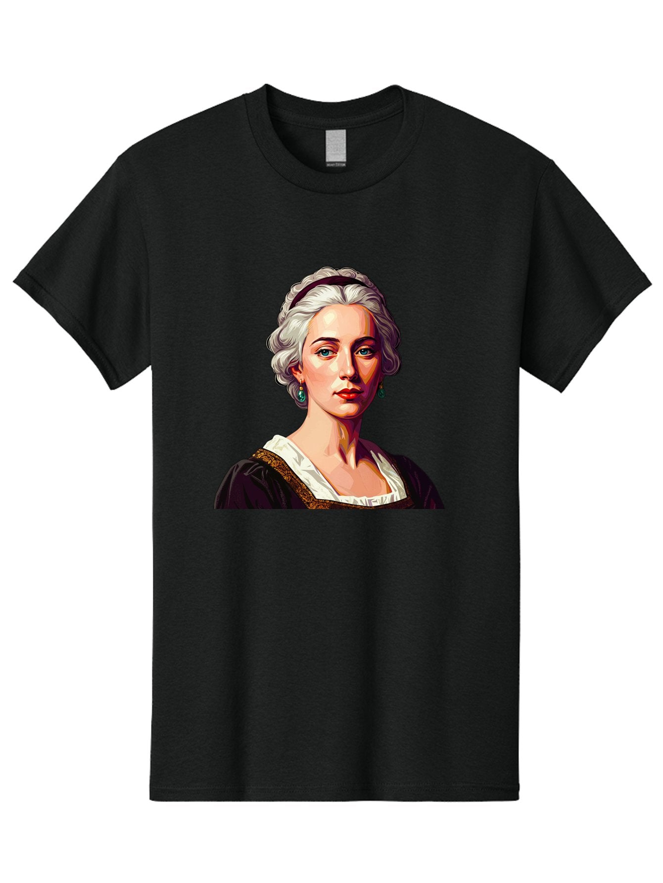 Elizabeth-Cady-Stanton Men'S Graphic Tee, 100% Cotton, Comfortable Casual Summer Wear, Machine Washable, Woman With White Hair, Blue Eyes, Red Lips, Elegant Earrings, Vintage Clothing, Gold Trim, Historical Figure, Feminine Style, Bad077 12