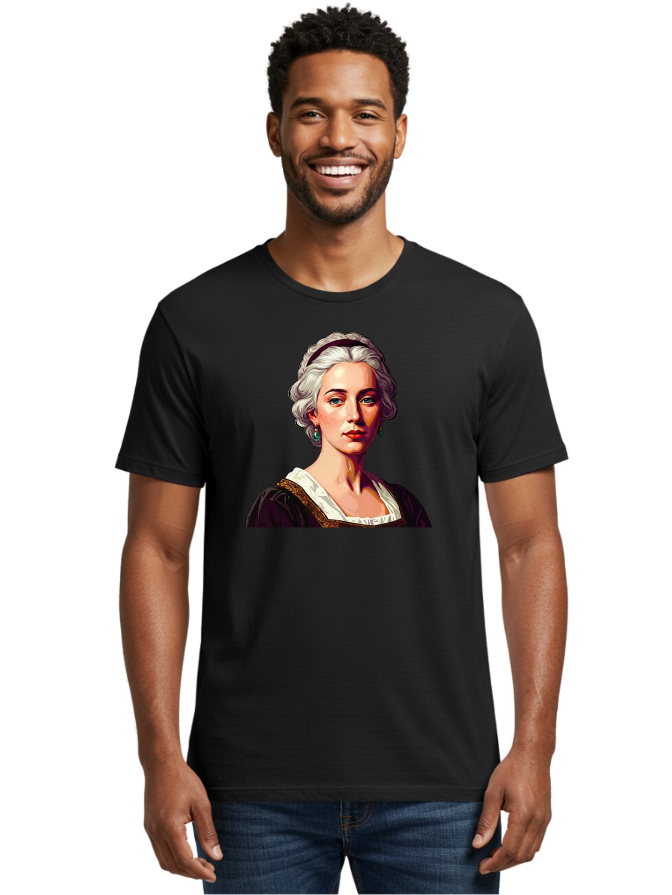 Elizabeth-Cady-Stanton Men'S Graphic Tee, 100% Cotton, Comfortable Casual Summer Wear, Machine Washable, Woman With White Hair, Blue Eyes, Red Lips, Elegant Earrings, Vintage Clothing, Gold Trim, Historical Figure, Feminine Style, Bad077 28