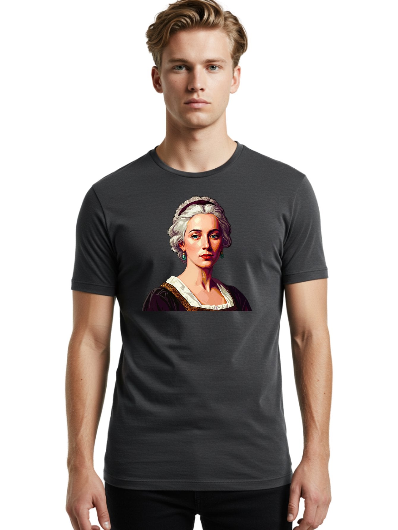 Elizabeth-Cady-Stanton Men'S Graphic Tee, 100% Cotton, Comfortable Casual Summer Wear, Machine Washable, Woman With White Hair, Blue Eyes, Red Lips, Elegant Earrings, Vintage Clothing, Gold Trim, Historical Figure, Feminine Style, Bad077 18