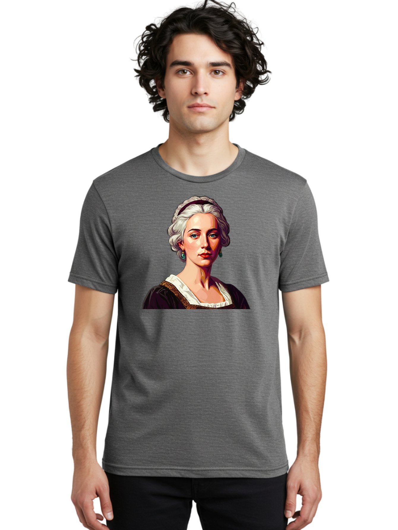 Elizabeth-Cady-Stanton Men'S Graphic Tee, 100% Cotton, Comfortable Casual Summer Wear, Machine Washable, Woman With White Hair, Blue Eyes, Red Lips, Elegant Earrings, Vintage Clothing, Gold Trim, Historical Figure, Feminine Style, Bad077 30