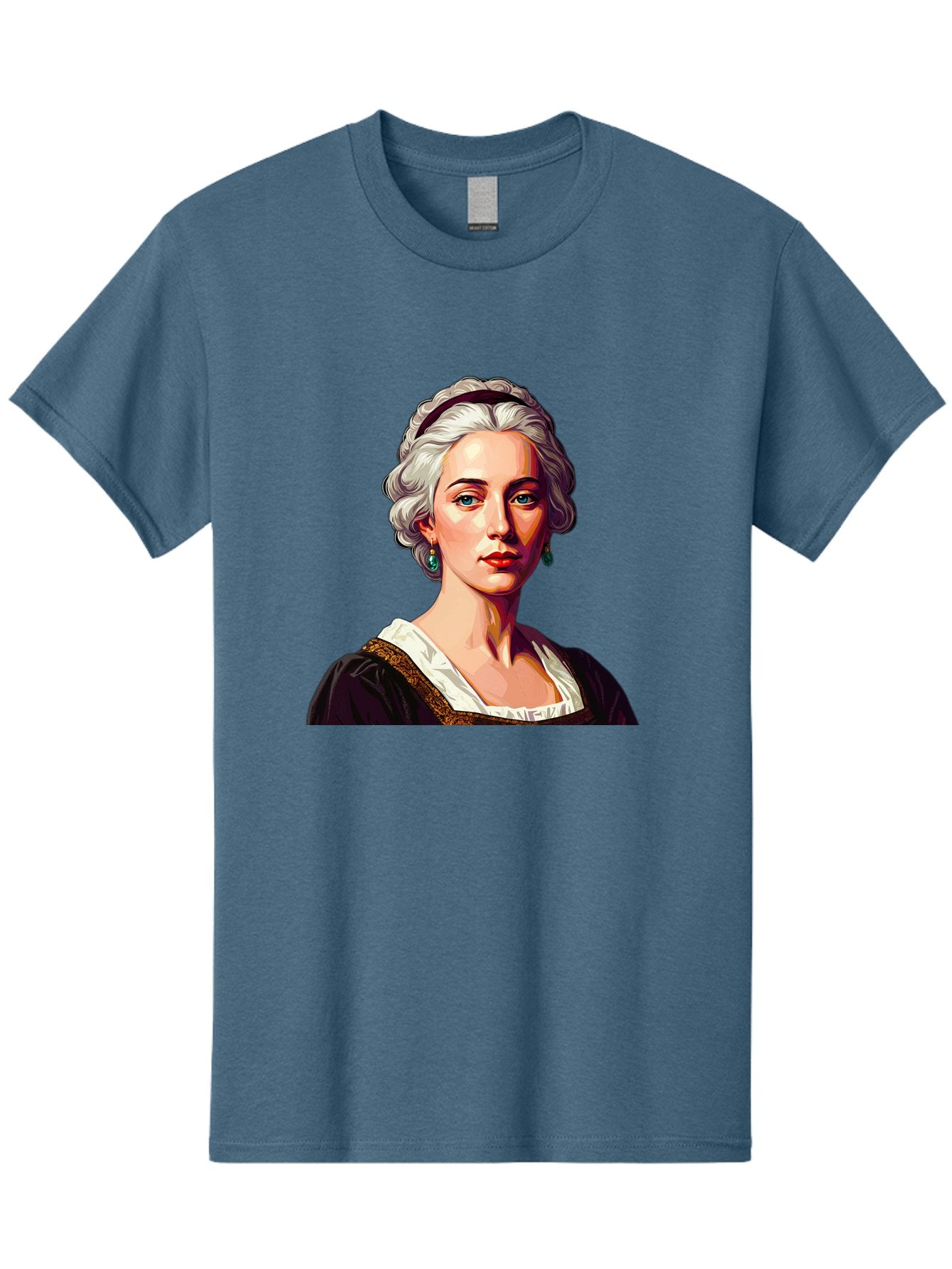 Elizabeth-Cady-Stanton Men'S Graphic Tee, 100% Cotton, Comfortable Casual Summer Wear, Machine Washable, Woman With White Hair, Blue Eyes, Red Lips, Elegant Earrings, Vintage Clothing, Gold Trim, Historical Figure, Feminine Style, Bad077